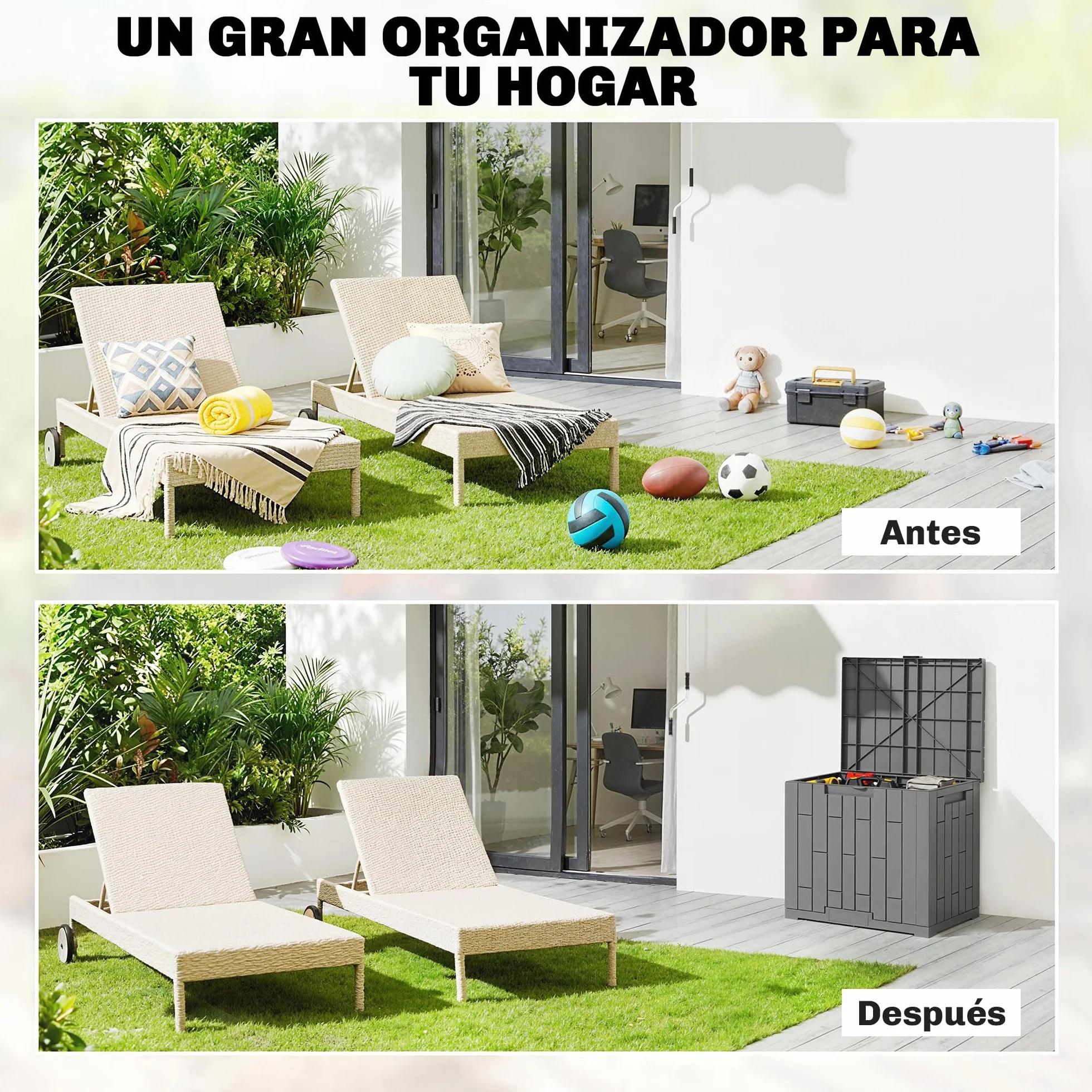 Outsunny Arcón Exterior Capacidad 114L, Baúl de Almacenaje Exterior de Resina Resistente al Agua y a los Rayos UV, con Cerradura para Jardín, Terraza, Patio, 56x44x54 cm, Gris