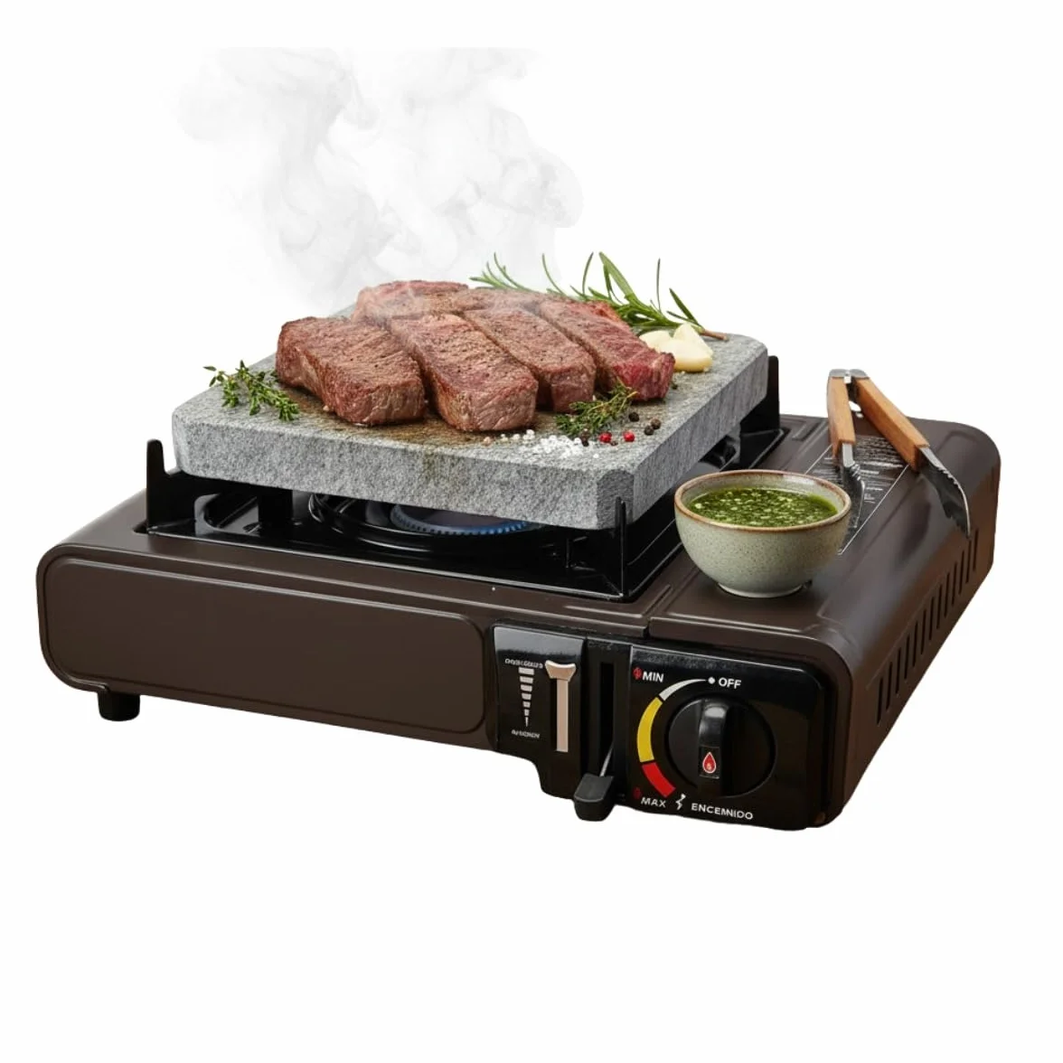Cocina Portátil a Gas con Piedra Volcánica 20x20 cm – Pack Completo con 2 Cartuchos Incluidos – Carne a la Piedra Profesional para Restaurante y Hogar – Cocina de Sobremesa