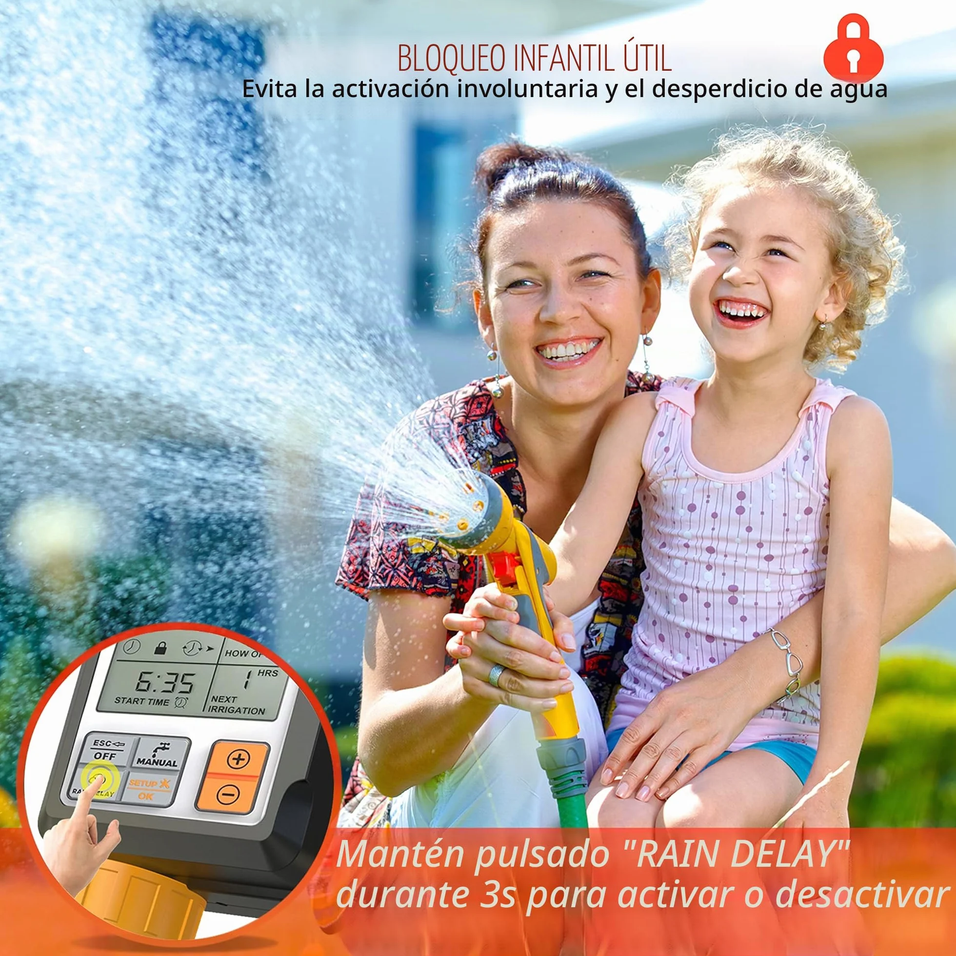 CROSOFMI Programador Riego Jardin Temporizador de Riego Automatico Control Pantalla Grande de 3 Pulgadas Naranja
