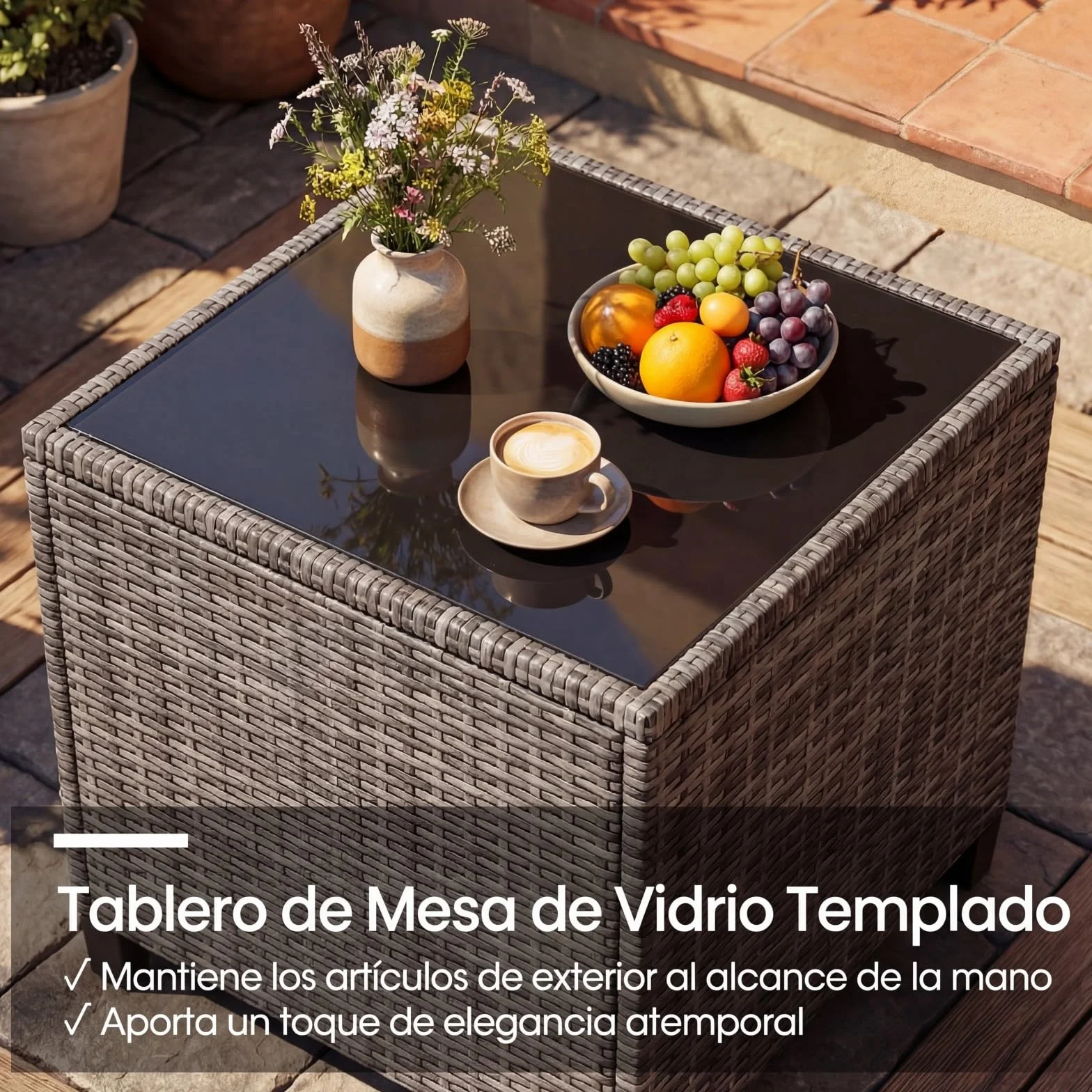GIANTEX Conjunto de Muebles Jardín 3 Piezas, Mesa y Sillas de Exterior de Ratán PE con Cojines, Mesa con Tablero de Vidrio, para 2 Personas, para Terraza, Patio, Balcón (Gris+Marrón)