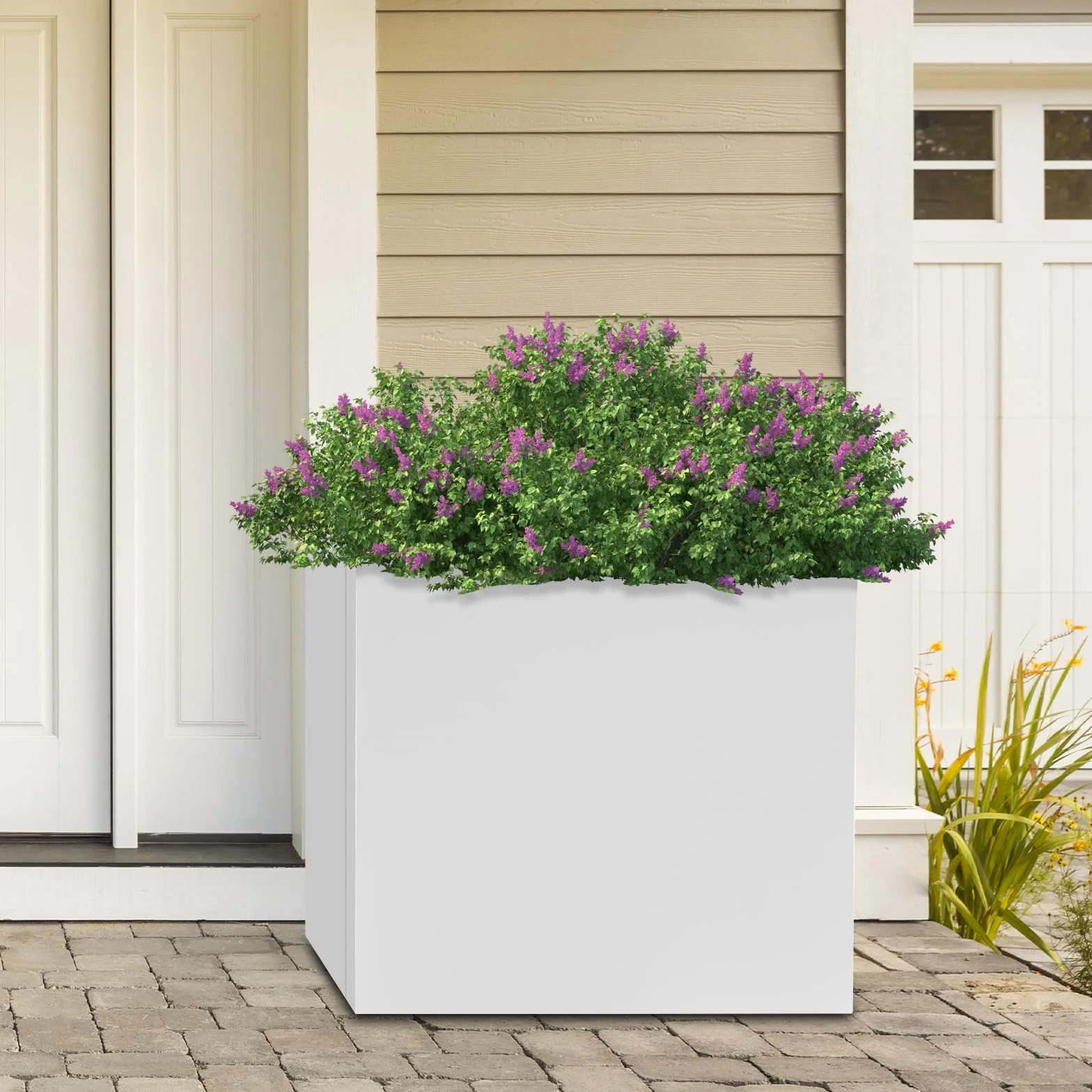Macetero cuadrado de 60 x 60 x 60 cm, para exteriores, para jardines, entradas, terrazas, patios, etc., color blanco