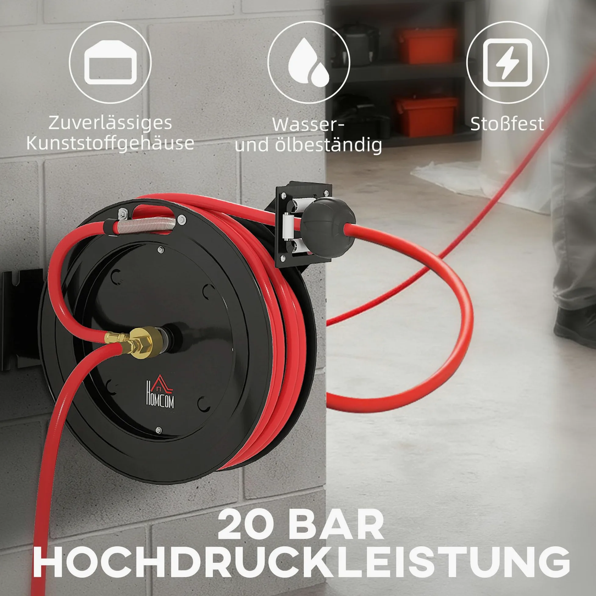 HOMCOM Carrete manguera aire automático 15m+1m | Conexión 1/4", 9,5x15,8mm, máx 20 bar, freno manguera, carrete con soporte pared.