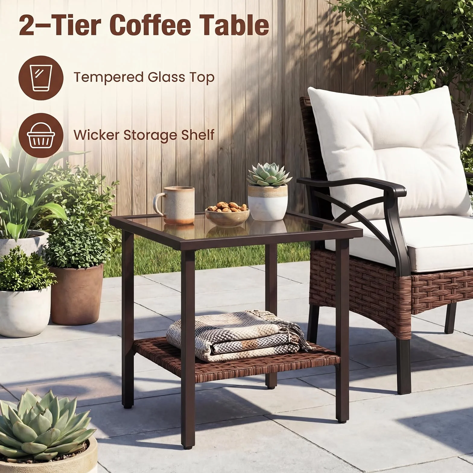 GIANTEX Conjunto Muebles Jardín Exterior de Ratán 5 Piezas, 2 Sillones, 2 Otomanas y Mesa de Vidrio, Cojines Extraíbles, para 2-4 Personas, Juego de Conversación para Patio Terraza (Marrón+Beige)