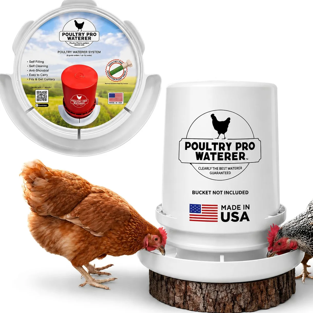 Poultry Pro - Bebedero de pollo para cubo de 5 galones, como se ve en Shark Tank, agua alimentada por gravedad manos libres para pollos, patos y pájaros pequeños, comedero de aves de corral, comedero