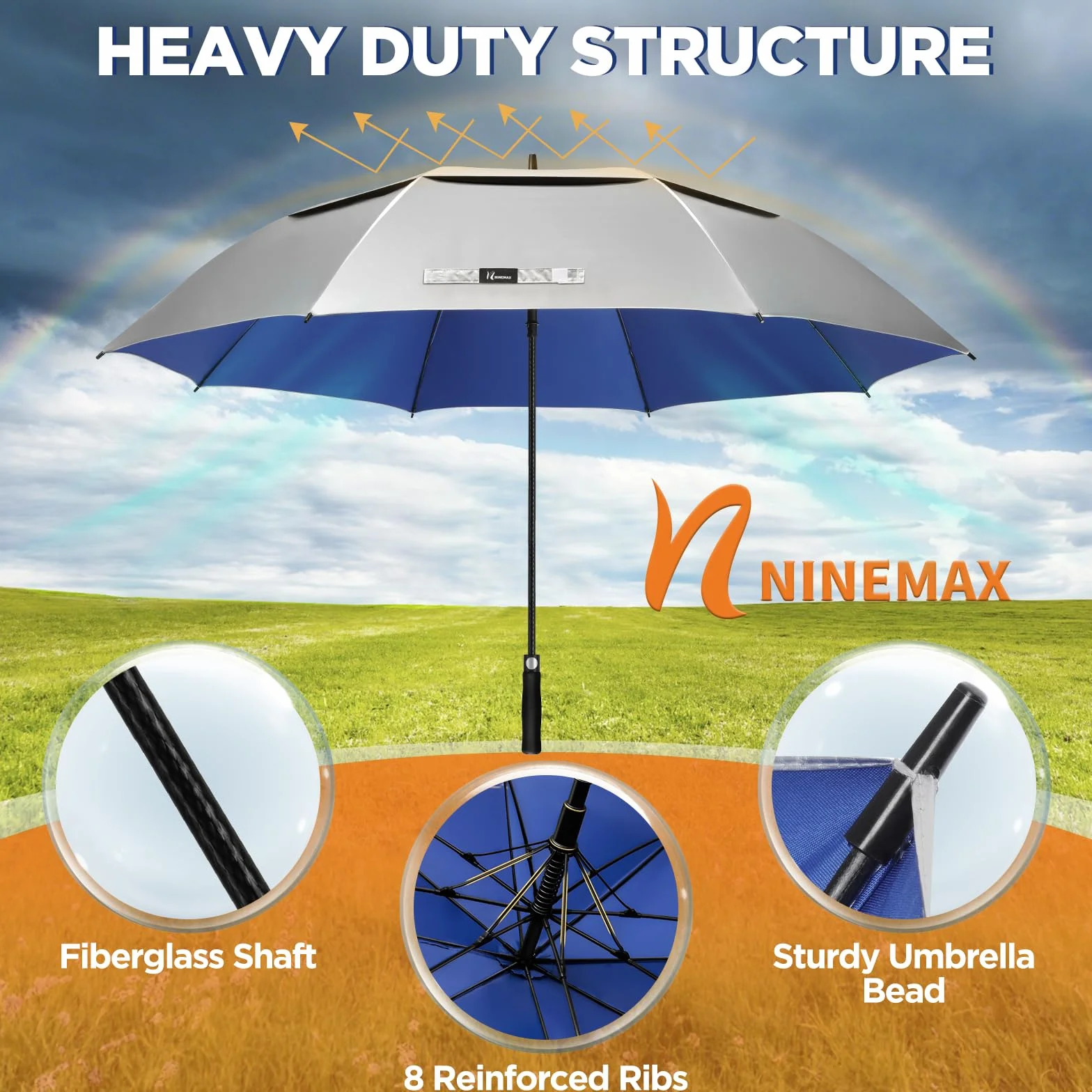 NINEMAX Paraguas Grande Solar UV XXL Antiviento Resistente al Viento Fuerte Plata Azul