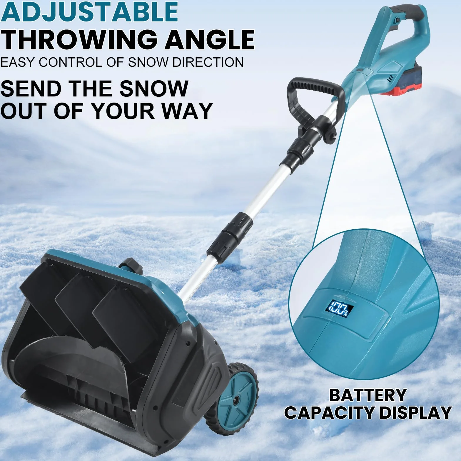 Soplador de nieve eléctrico con 2 baterías, distancia de expulsión 6 m, 3 direcciones de salida, quitanieves plegable con varilla telescópica, quitanieves inalámbrico para jardín patio de carretera (2