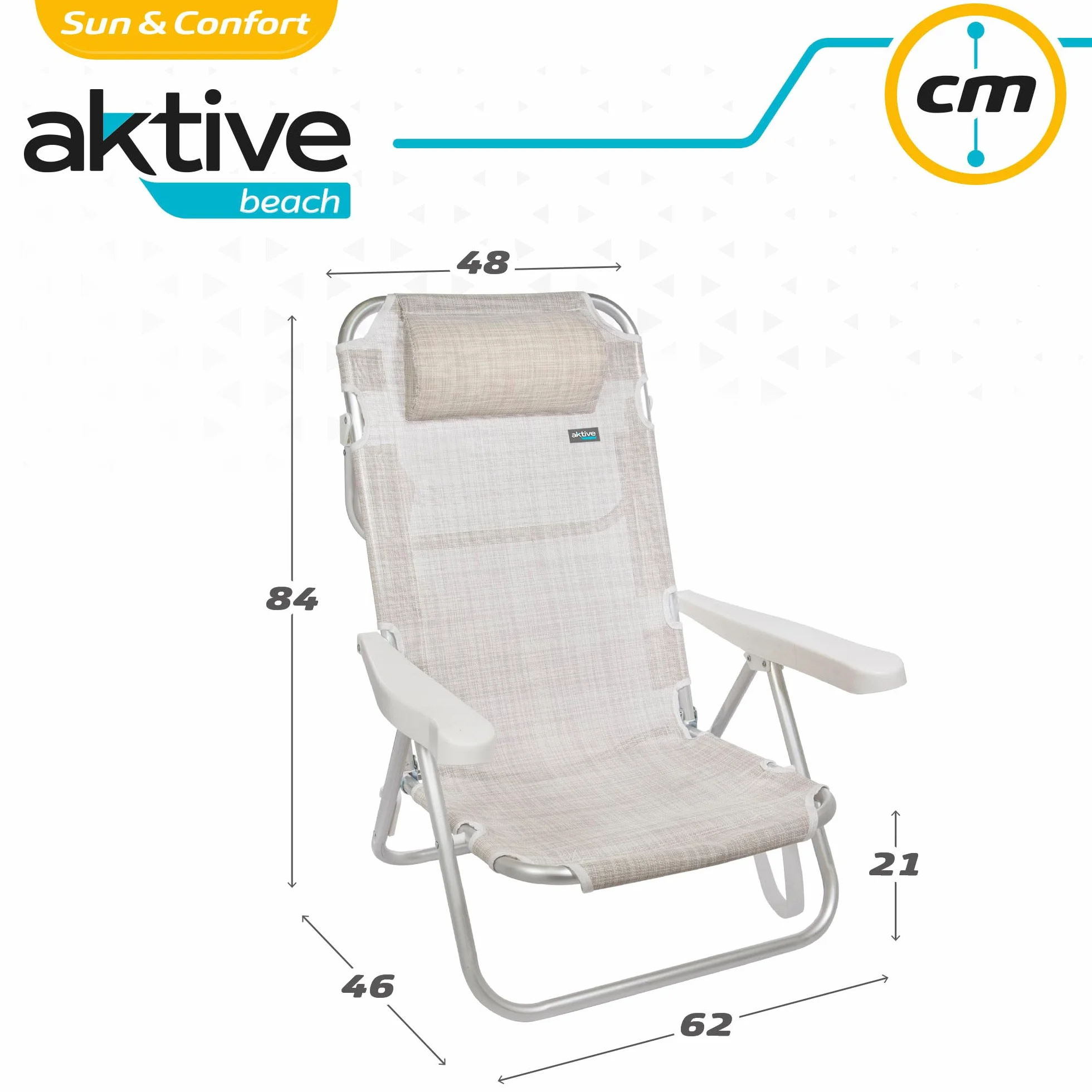 Aktive 62254 - Pack de 2 sillas plegables multiposición para playa, jardín, terraza o camping, 5 posiciones diferentes, Altura 21 cm, medidas 48x45,5x84 cm, Reforzadas, incluye asa de transporte