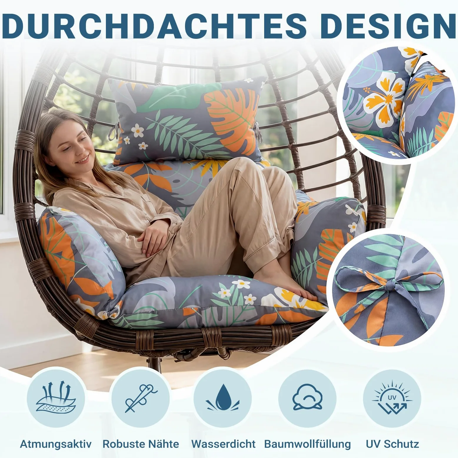 Cojín colgante para sillón mecedora para exterior: moderno, cojín de poliéster, suave, resistente al agua, cojín de repuesto, cojín de jardín, cojín con reposacabezas para sillón colgante de