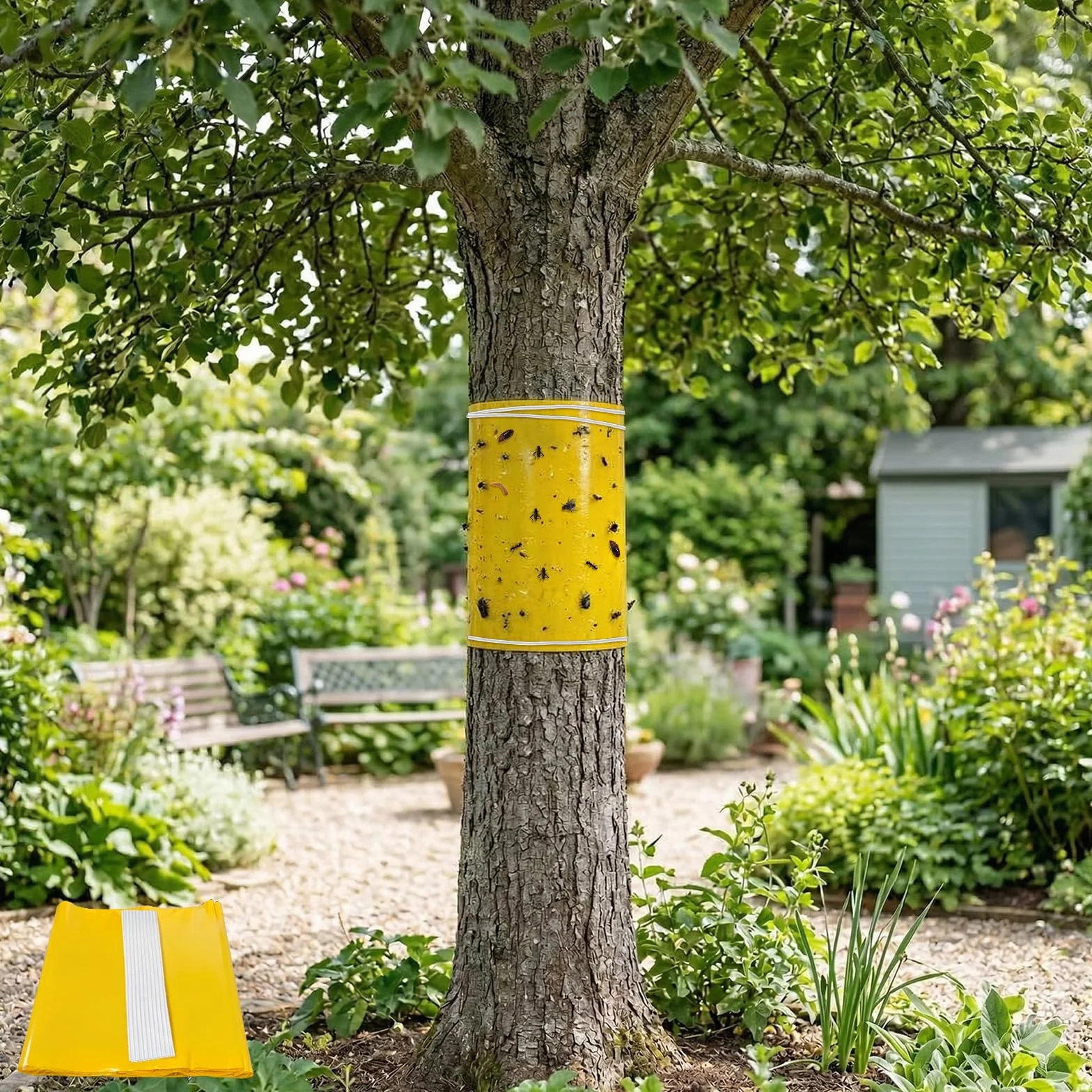 5 m cinta pegajosa para árboles, cinta adhesiva para insectos, cinta amarilla de doble cara para envolver troncos, 25 cm de ancho, recortable, con 40 alambres de sujeción de 23 cm (25 cm * 5 m)