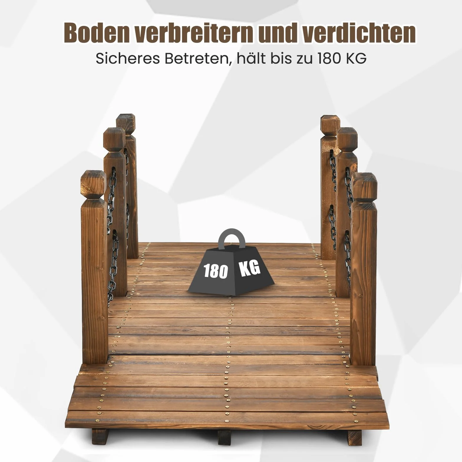 GOPLUS Puente de madera de abeto, 150 x 67 cm x 55 cm, puente para estanque soporta hasta 180 kg, puente de jardín con barandillas y cadenas, puente para jardín, parque, patio trasero
