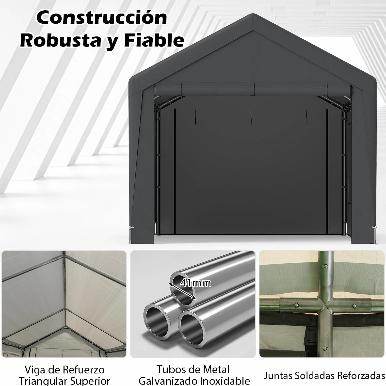 COSTWAY Garaje Exterior para Coche 5,95 X 3 m, 8 Paredes Laterales Desmontables, Puertas Enrollables, Ventanas Ventiladas, Carpa para Garaje para SUV Camión