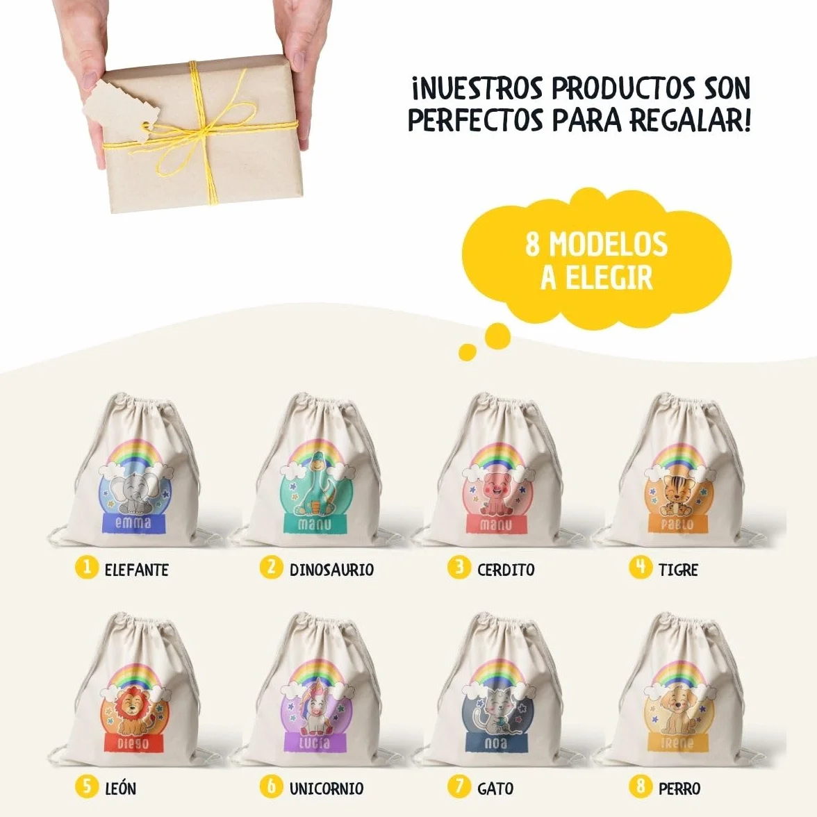 Mochila Personalizada Algodón Diseño Infantil Bolso Saco con Cuerdas Hecho en España
