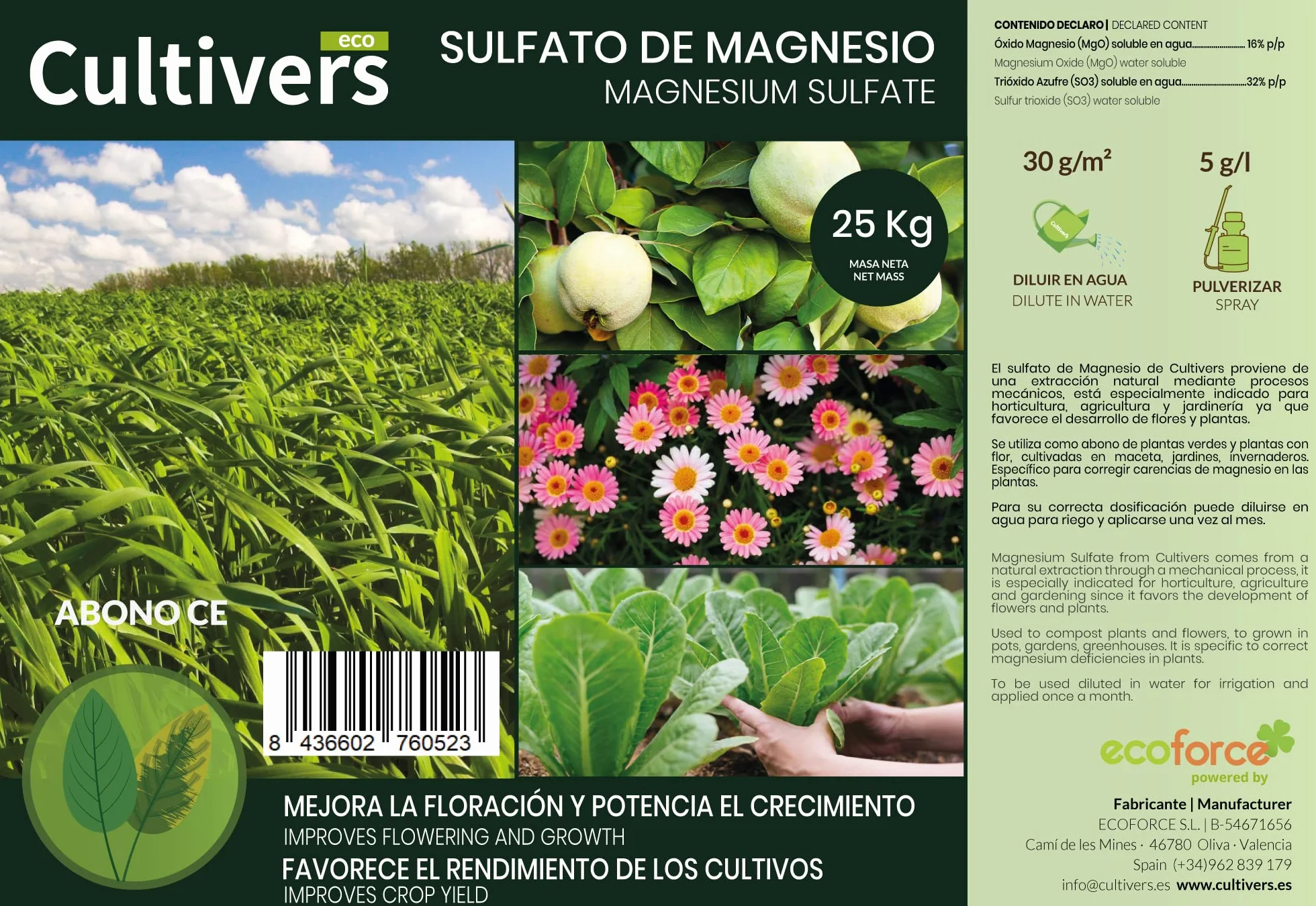 CULTIVERS Sulfato de Magnesio 1,5 kg | Sustancia Mineral Hidrosoluble para Jardinería y Uso Técnico | Disolución en Agua | Mantenimiento de Suelos y Superficies Exteriores