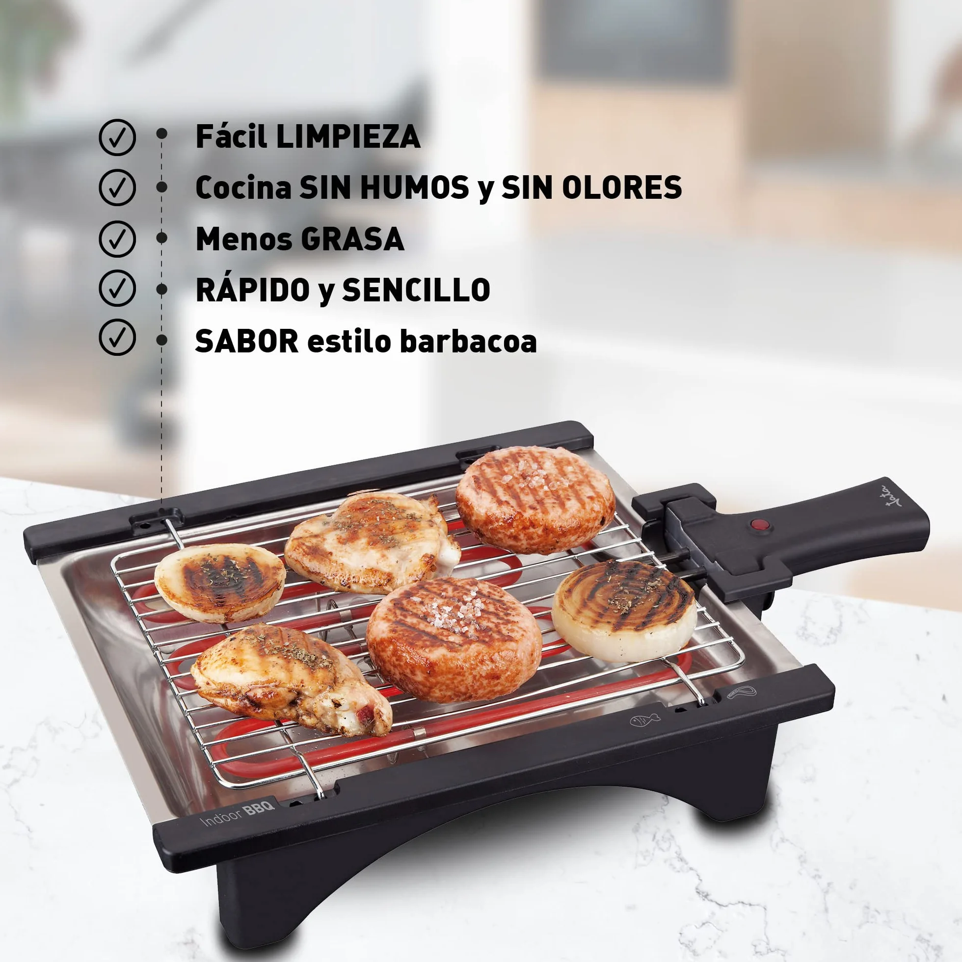 JATA BQ95 - Barbacoa Eléctrica 2000 W sin Humo con Parrilla Ajustable 2 Alturas, Bandeja de Agua Antihumos, Grill Desmontable Fácil Limpieza, Superficie 28x22 cm