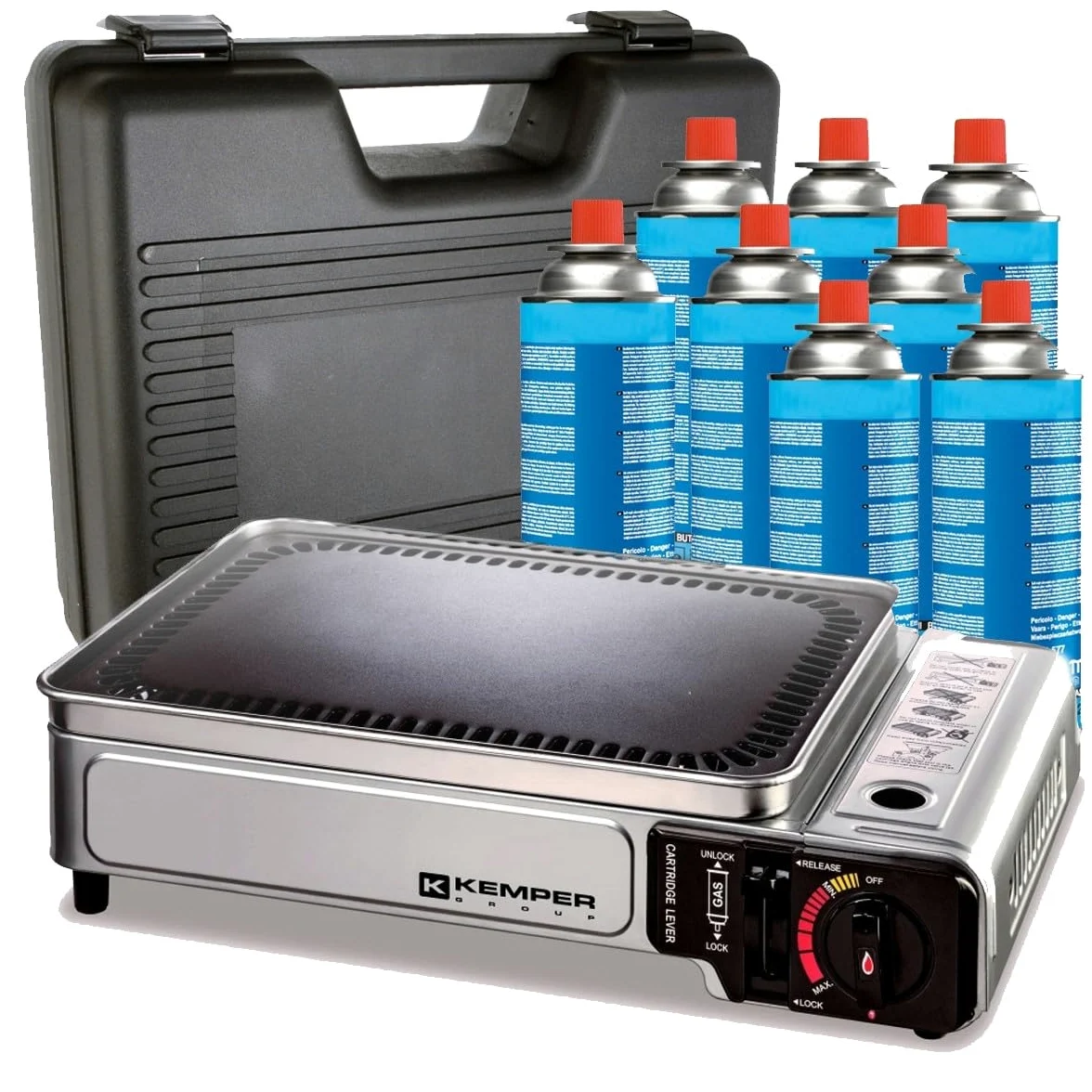KEMPER - Plancha de gas portátil de 2300 W, placa antiadherente + 8 cartuchos de gas camping + maleta de transporte