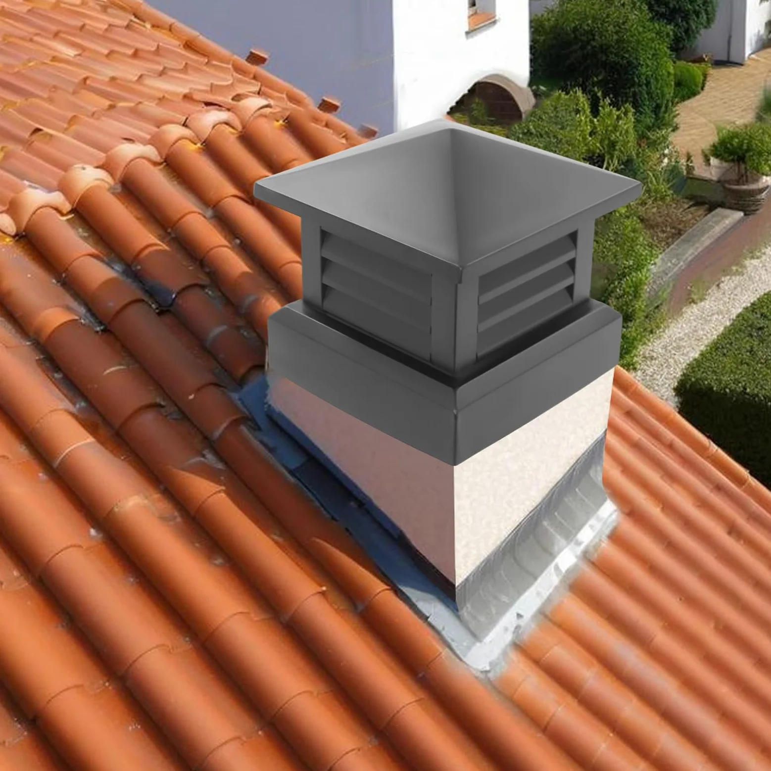 Cubierta de chimenea cubierta cuadrada impermeable exterior de aleación de aluminio con forma de pirámide para chimeneas 35 x 35 cm negro
