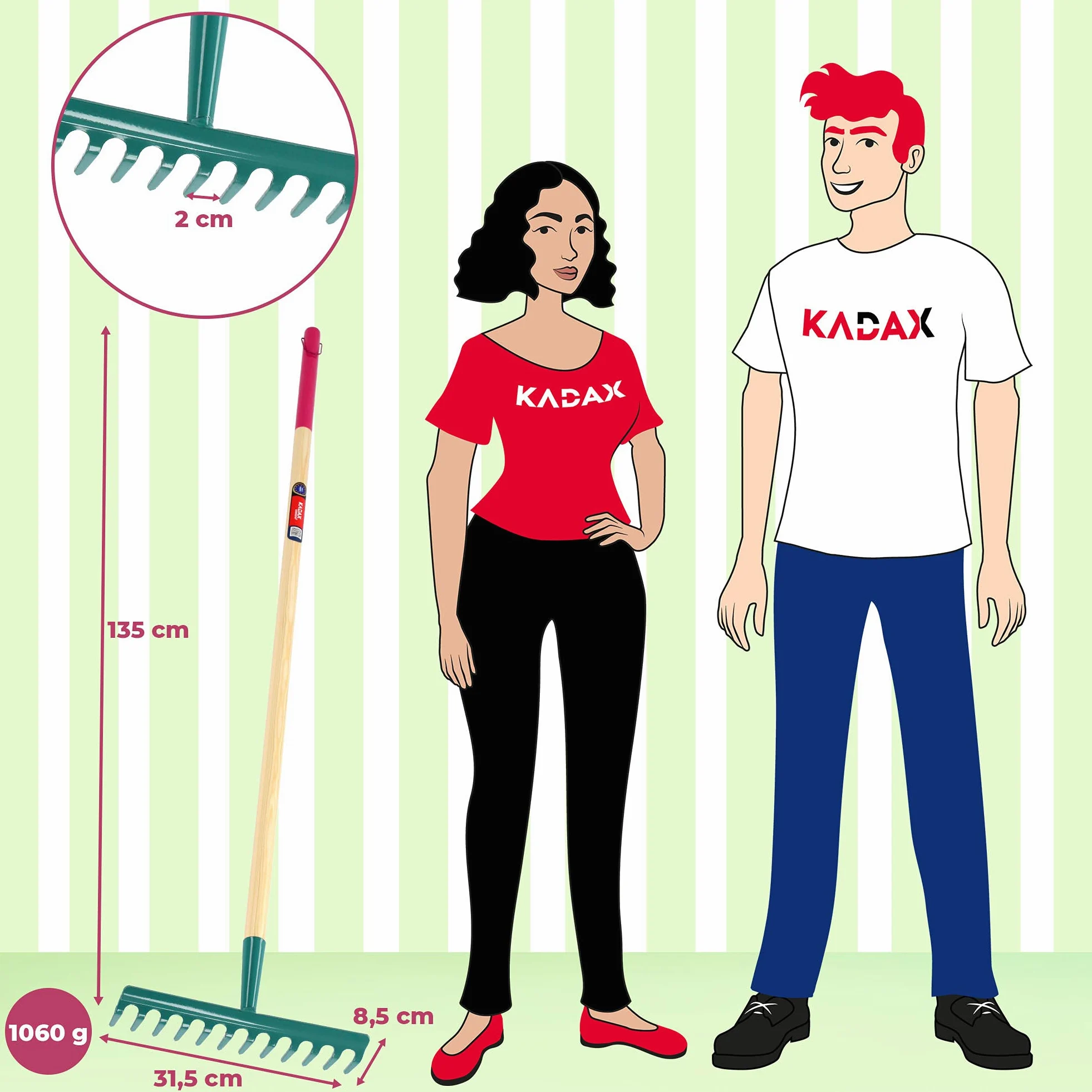 KADAX Rastrillo para mujer, rastrillo plano con mango largo, rastrillo de césped para jardín, piedras, rastrillo, rastrillo, herramienta de jardín, herramienta de jardín, rastrillo de heno, con cabeza