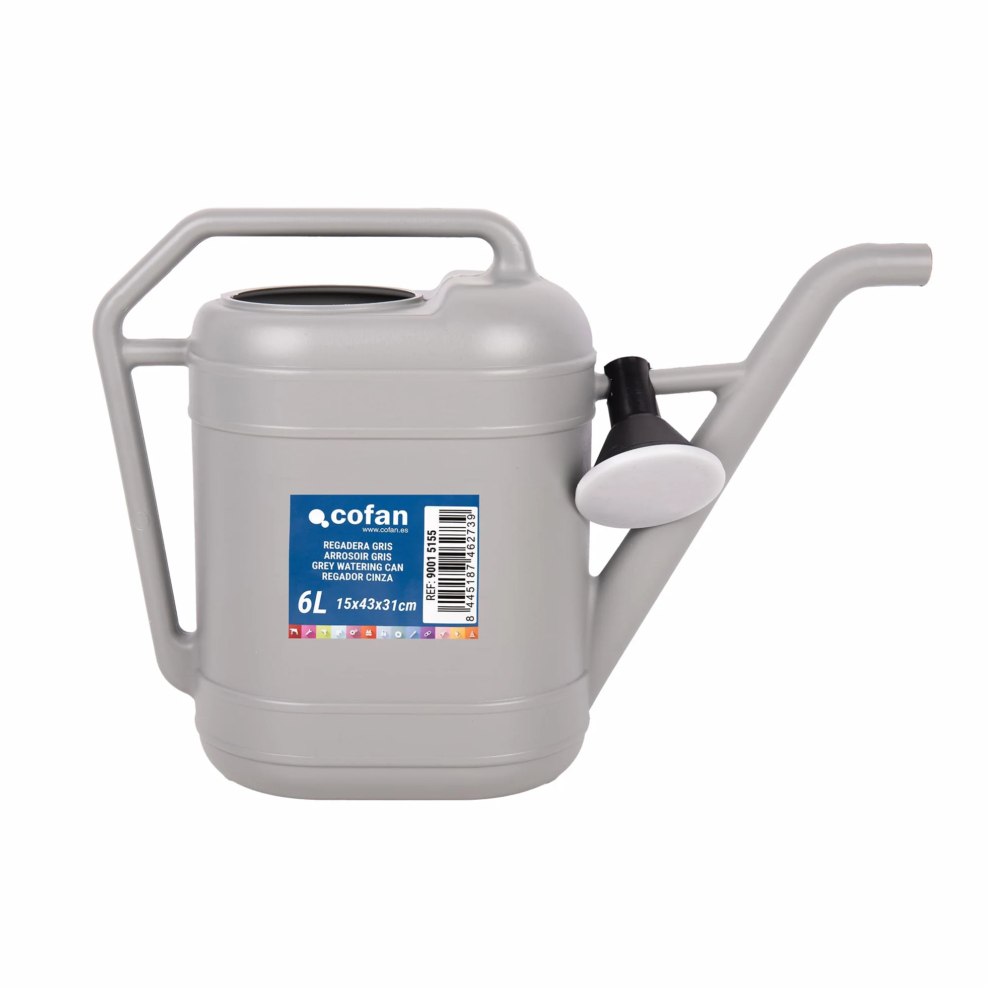 Cofan Regadera Gris de 6 litros con Cabezal Desmontable, HDPE Resistente, Asa de Transporte, Regadera para Interior y Exterior