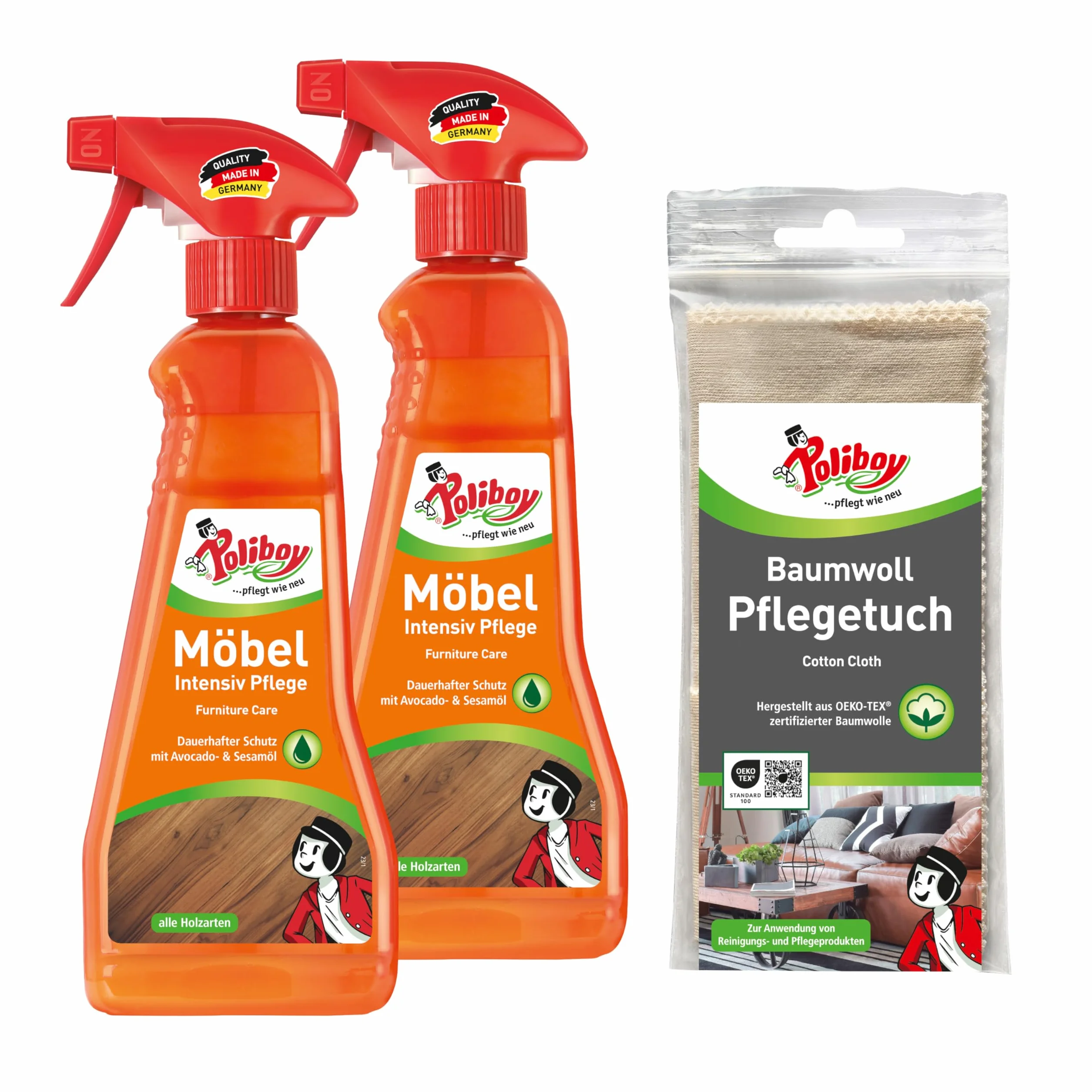 POLIBOY Cuidado intensivo de muebles – Cuidado para madera lacada – Cuidado protector y refrescante de la madera – Color neutro – 2 x 375 ml Spray matic con paño de algodón – Fabricado en Alemania