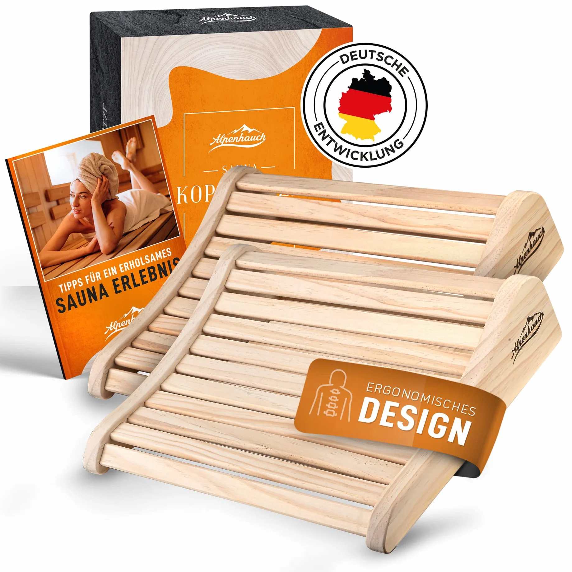ALPENHAUCH Reposacabezas de madera para sauna (2 unidades) – Reposacabezas ergonómico para sauna de madera – Accesorios nobles para sauna Cabina de infrarrojos – Reposacabezas cómodo y ancho de madera