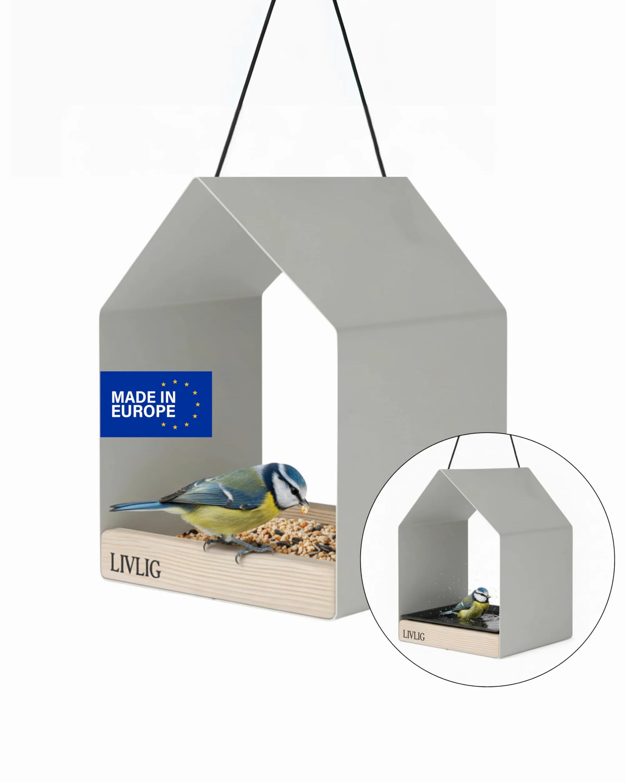 LIVLIG Pajarera de metal – Comedero para pájaros y bebedero para pájaros 2 en 1 para colgar, resistente a la intemperie para pájaros todo el año, balcón y jardín, diseño moderno, Greige