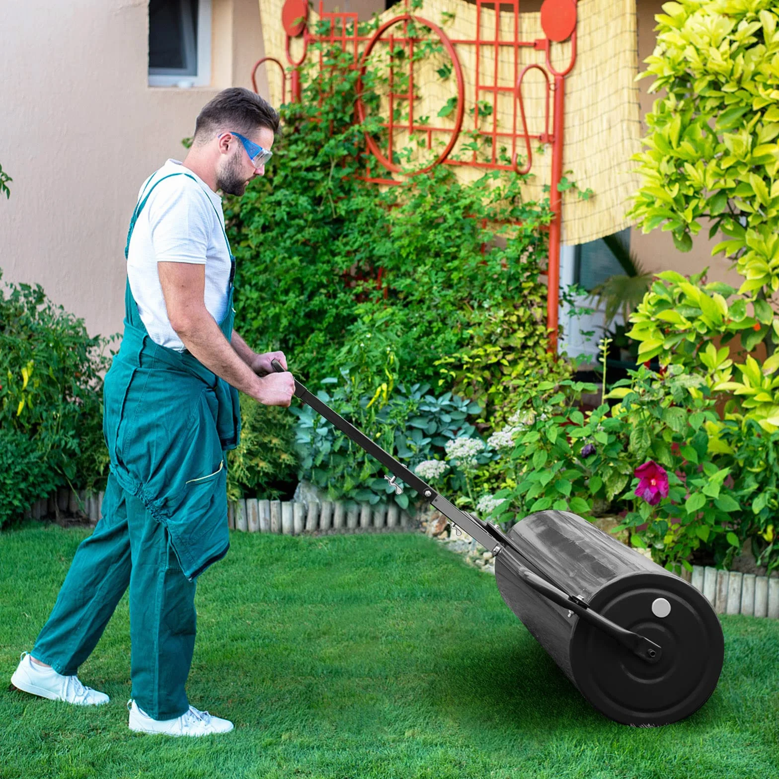 COSTWAY 113L Rodillo de Césped Metálico, Rodillo de Césped para Empujar o Tirar Llenado de Agua o Arena con Mango Desmontable para Jardín, Patio, Parque, Granja (Negro, 146x99x40cm)