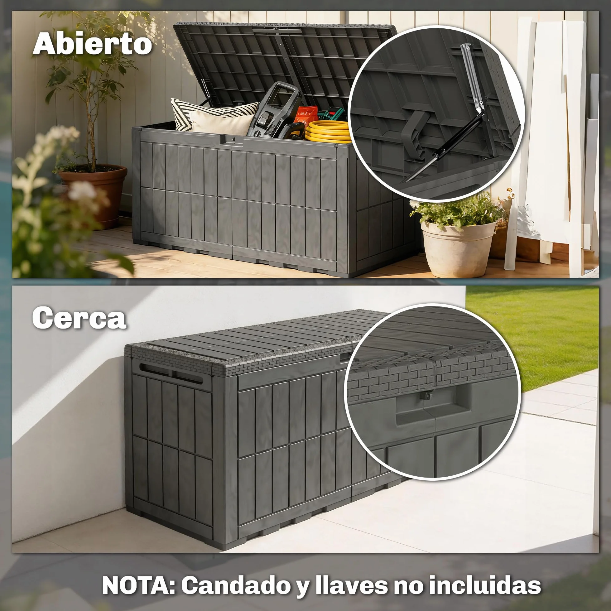 Outsunny Arcón Exterior Capacidad 440L, Baúl de Almacenaje Exterior de Resina Resistente al Agua y a los Rayos UV, con Tapa Bloqueable, Barras de Gas, Asas Laterales, para Jardín, 133x62x65 cm, Café