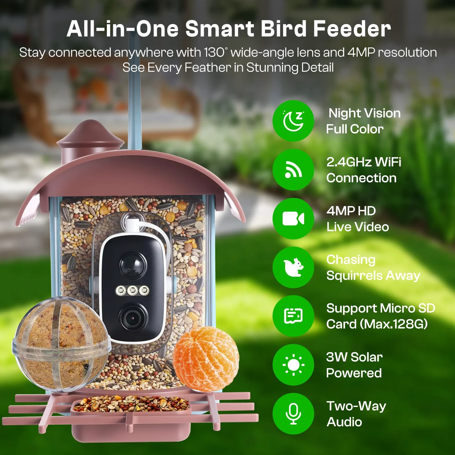 Pajarera con cámara de 4 MP, comedero solar para pájaros y comedero: vídeo/toma de fotos, identificación de IA, detección de movimiento, notificación instantánea, visión nocturna, WiFi de 2,4 GHz