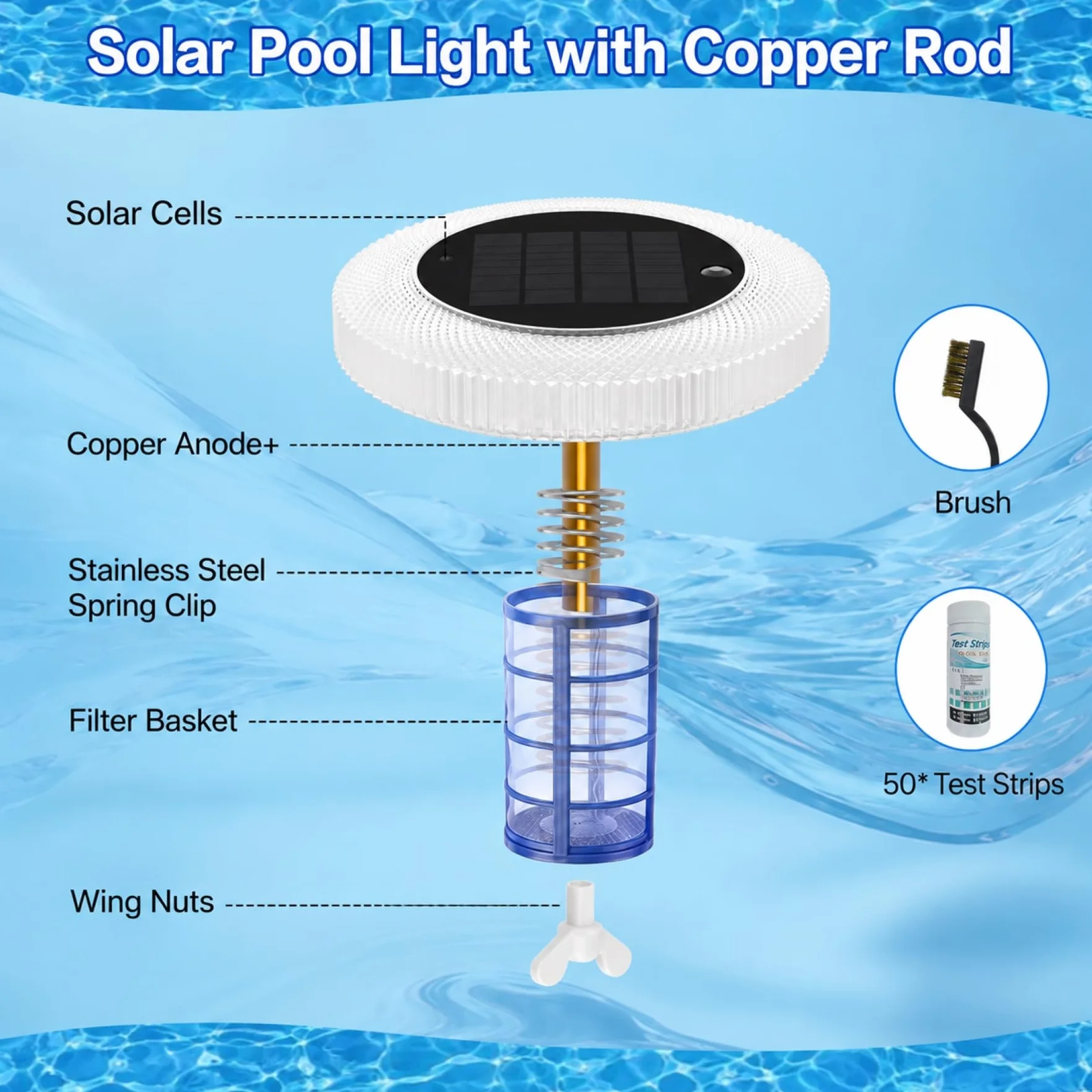 sylvwin Ionizador de piscina solar con ánodos de cobre, purificador de agua flotante con ánodo de cobre para piscinas, iluminación solar de piscina, luces solares RGB, purificador de agua para