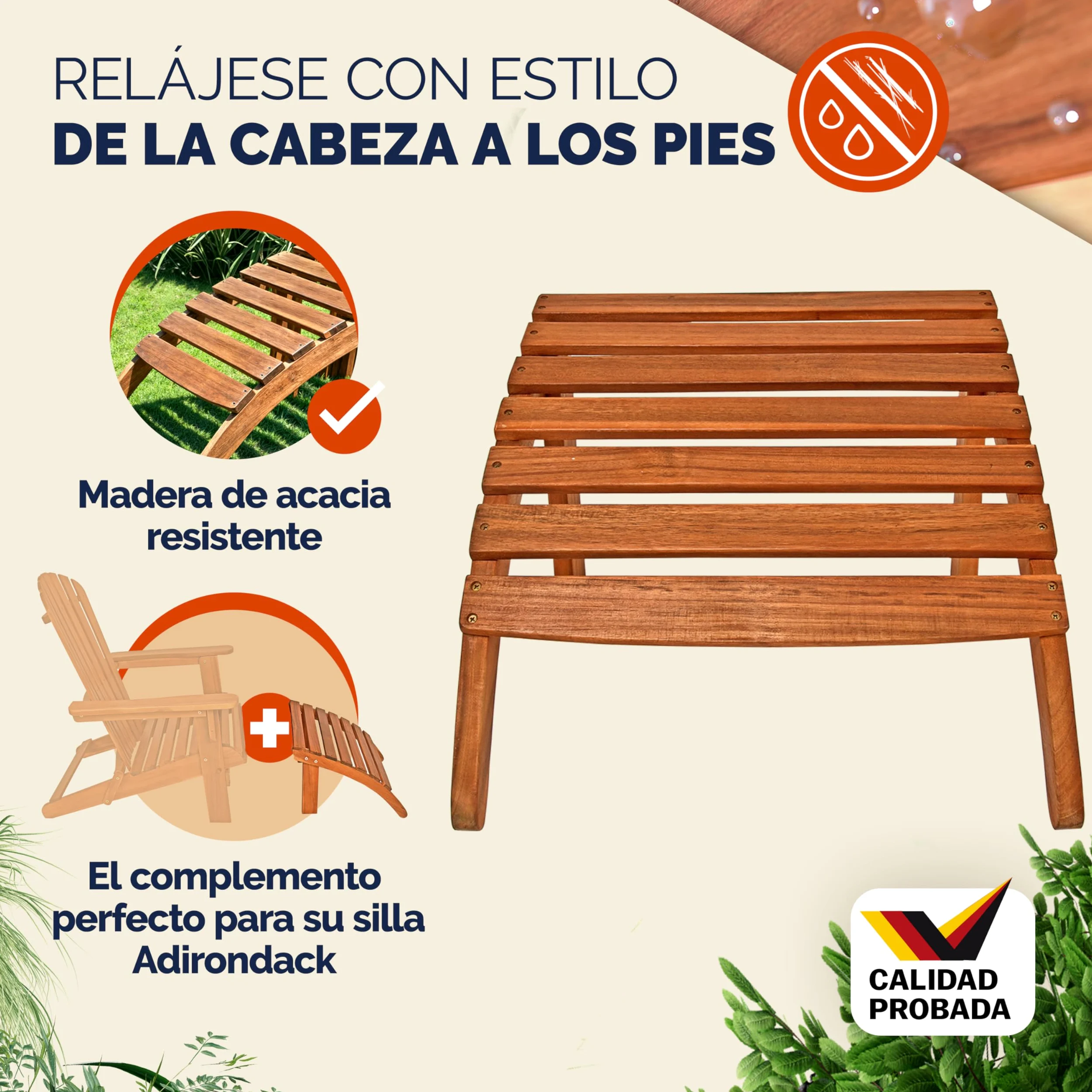 CASARIA Reposapiés para Silla de Madera de Acacia Adirondack 7 Travesaños 48x46x32cm Resistente Intemperie