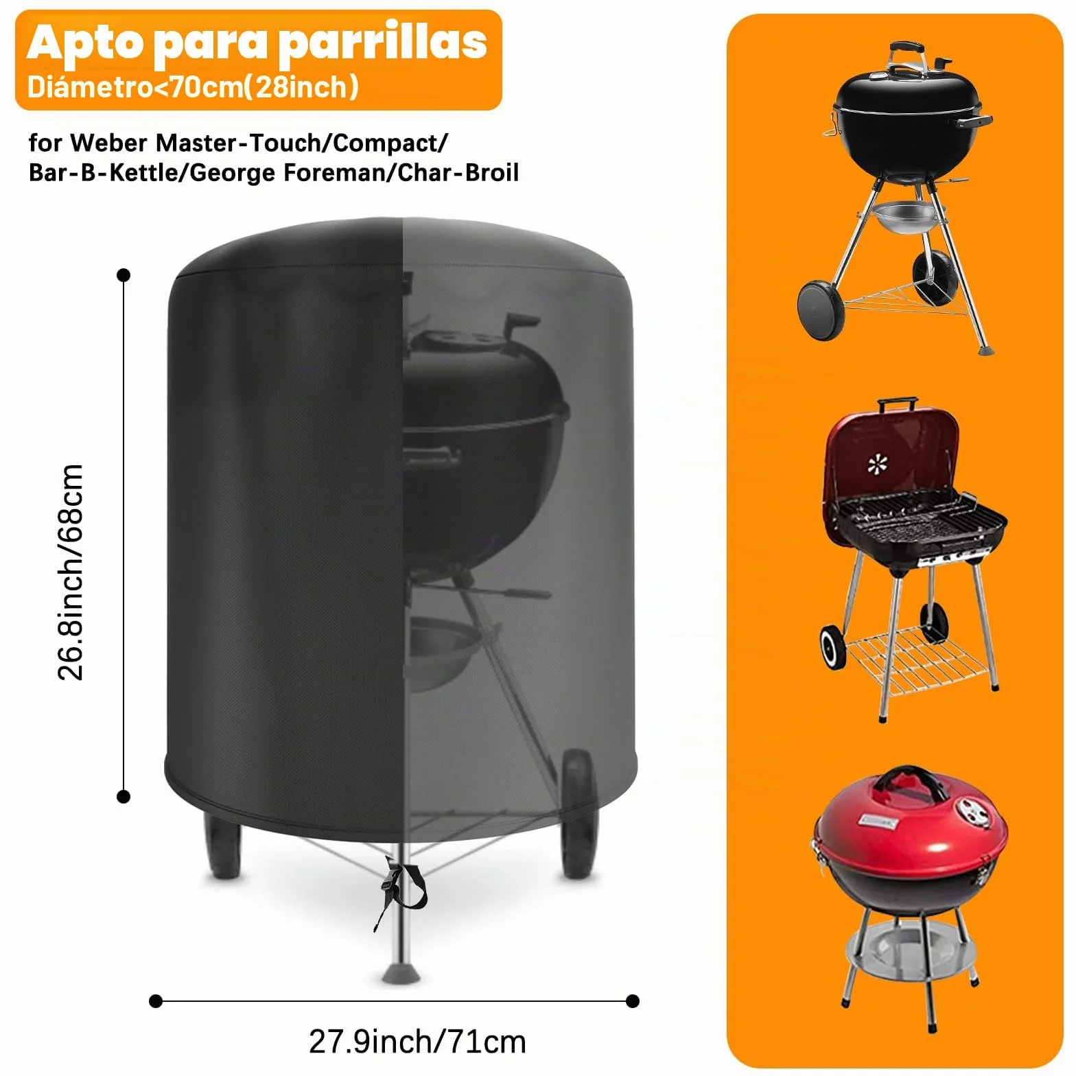 Funda Barbacoa para Weber 57cm Impermeable, Weber Cubierta para Barbacoa Redonda Exterior, 500D Oxford Resistente a la Intemperie Cubierta BBQ de Parrilla(Φ71x68cm)