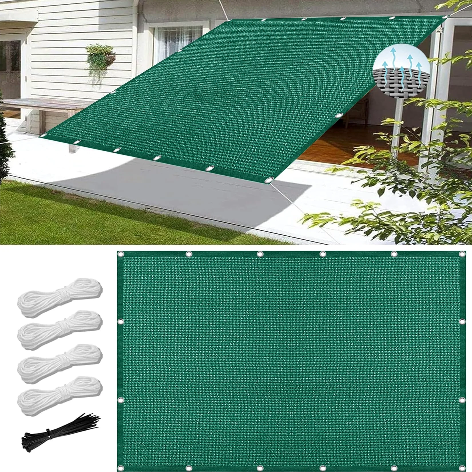 Toldo Vela de Sombra Rectangular 340 x 360 cm, Transpirable Prevención Rayos UV, Mallas de Sombreo Toldos para Patio, Red de protección Solar, para Jardín Balcón Exterior, Verde Oscuro