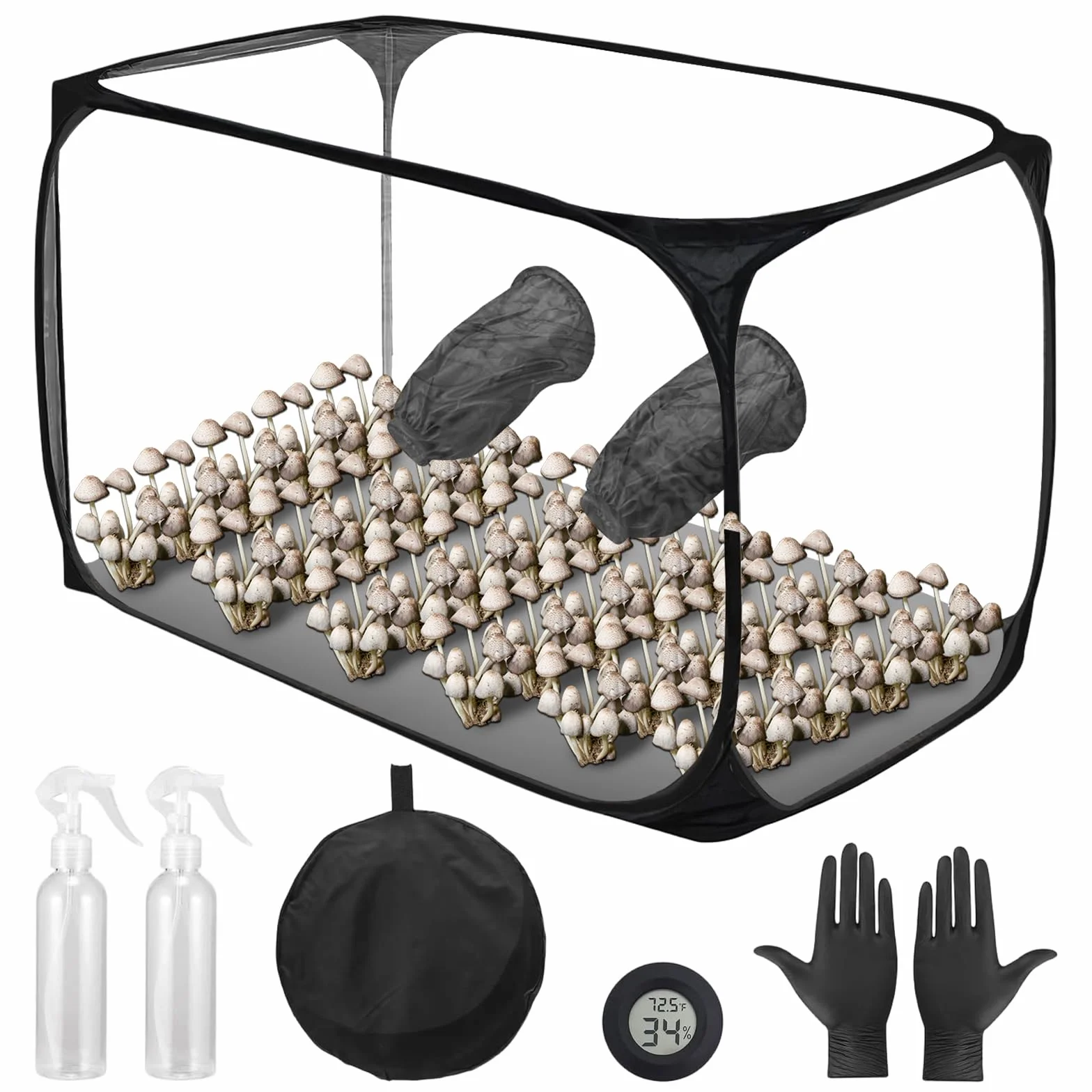 Tienda de cultivo de hongos grande de 82 x 52 x 52 cm, caja de cultivo de setas, caja de cultivo de hongos con caja de aire silenciosa, tienda de cultivo portátil y plegable con dos aberturas para
