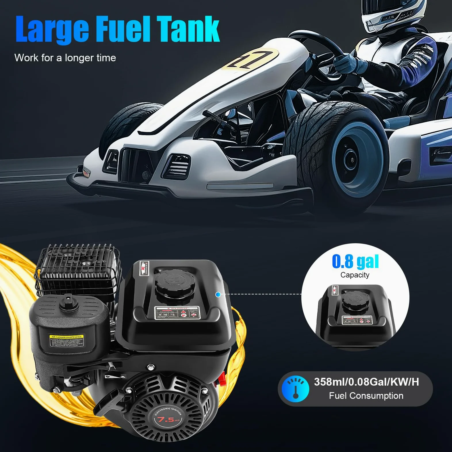 Motor de gasolina de 4 tiempos 7,5 CV, motor estacionario, industrial, motor para go-karts, de repuesto, de tracción, para cargas pesadas, refrigeración por aire, para go-karts