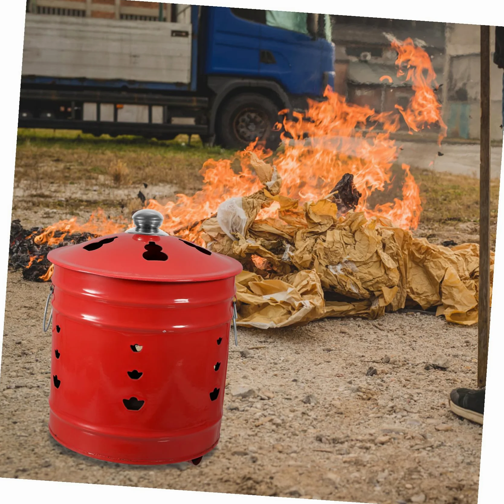 Cubo para Quemar Papel de Esmalte Rojo Duradero para Incineración | Ventilación para Mejor Combustión, Uso en Jardín y Hogar, Ayuda a Mantener Orden Estilo Aleatorio