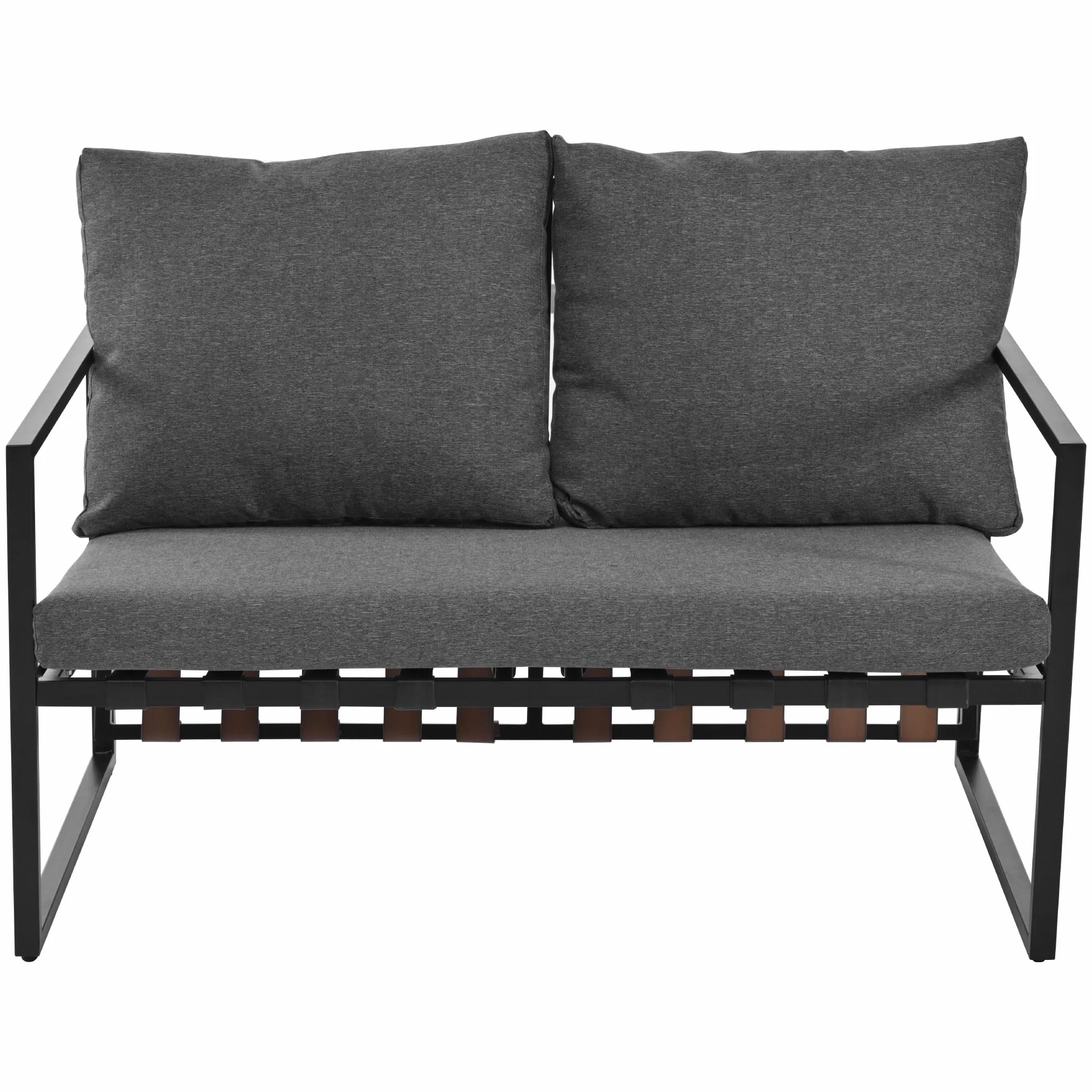Moimhear Juego de sofá de 4 piezas para exteriores, mesa de café con capa de almacenamiento, tubo de acero galvanizado, diseño de correa de PVC, mesa de cristal templado, cojines extraíbles y lavables