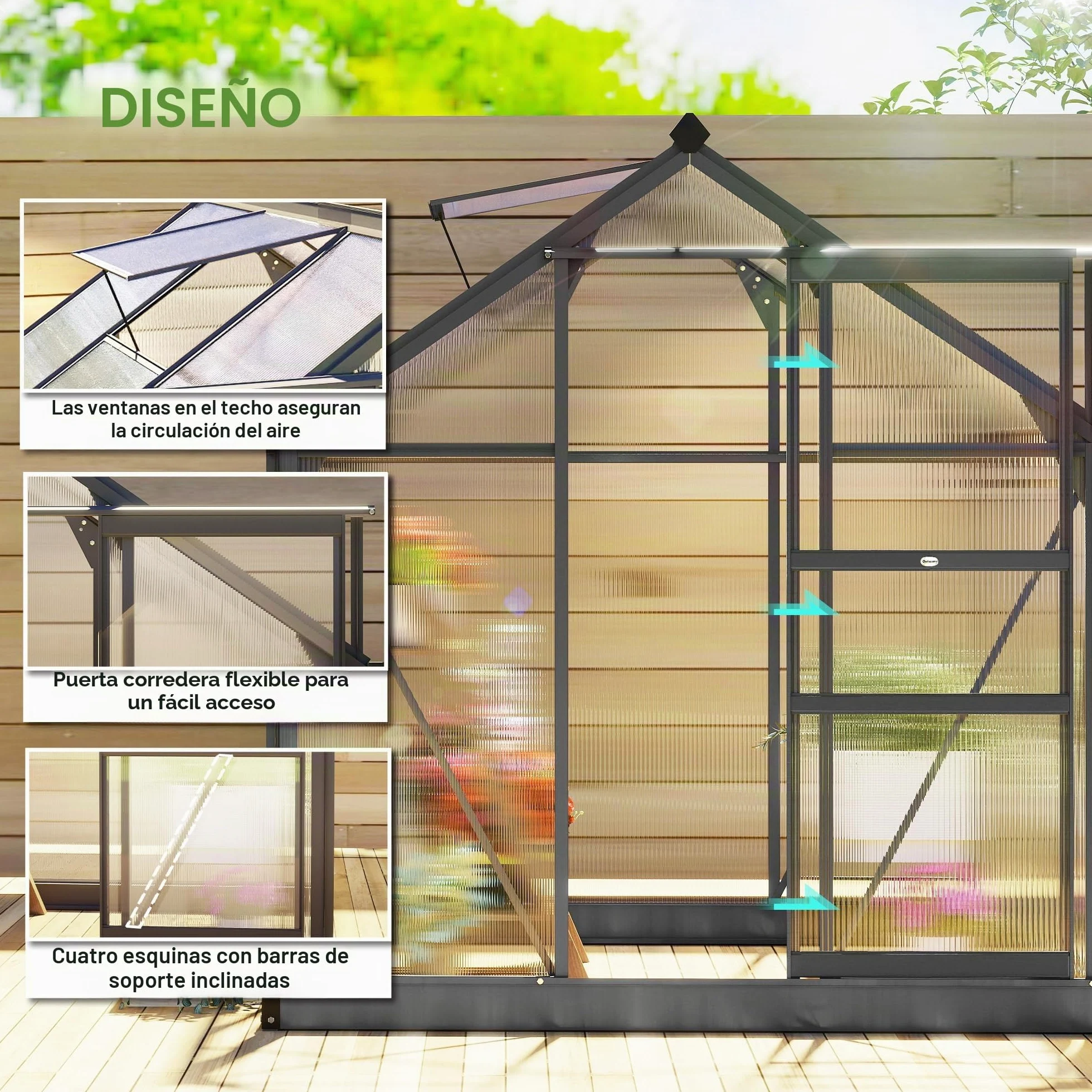 Outsunny Invernadero policarbonato 6x6 ft Puerta corredera Gris | Invernadero, Invernadero para plantas de jardín, Ventana, Marco de aluminio, Cimientos, Grande, Para exterior