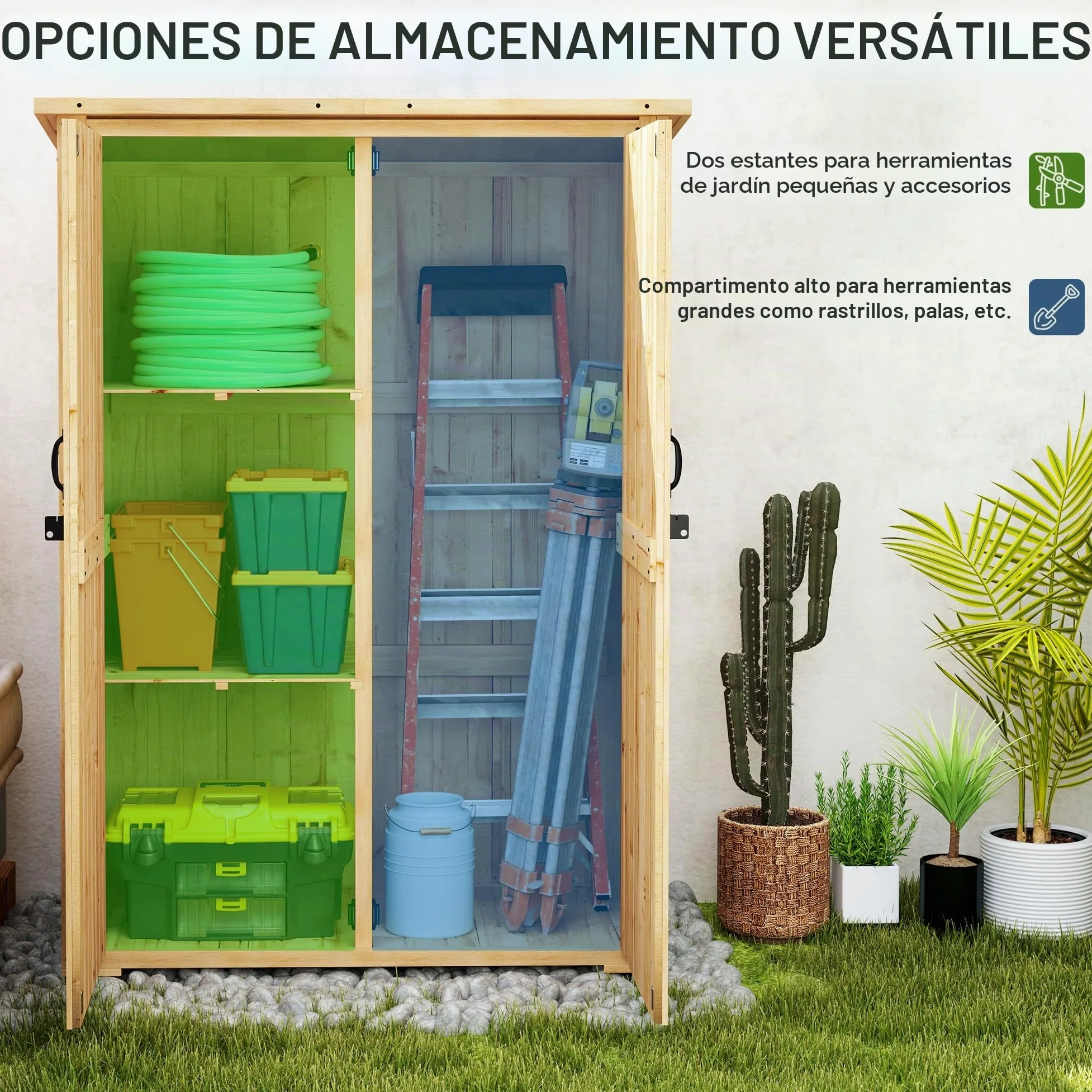 Outsunny Cobertizo jardín madera con armario y techo asfalto Natural | 2 estantes, para equipo de jardín, cobertizo de herramientas exterior, puertas dobles