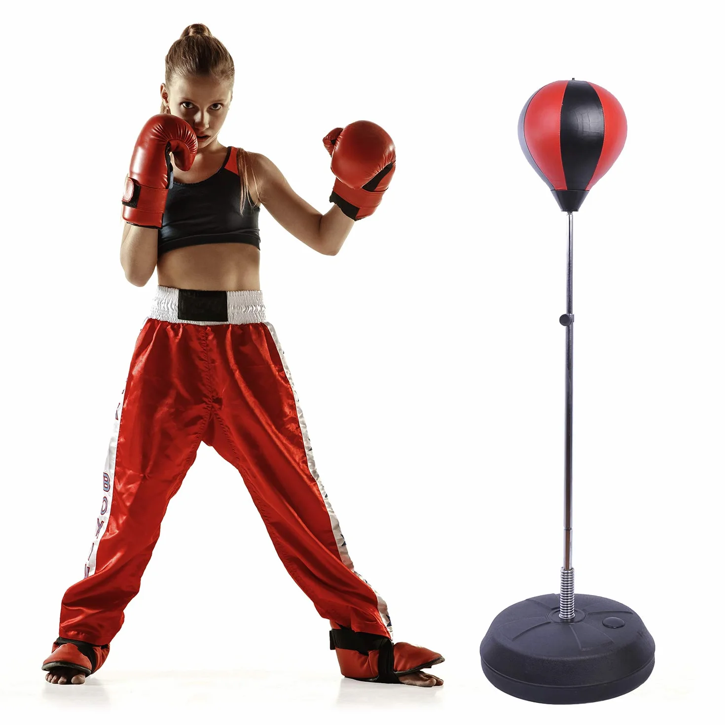 HOMCOM Saco de Boxeo de Pie Punching Ball Altura Ajustable 126-144 cm Base Rellenable Agua Arena Guantes Inflador Rojo Negro