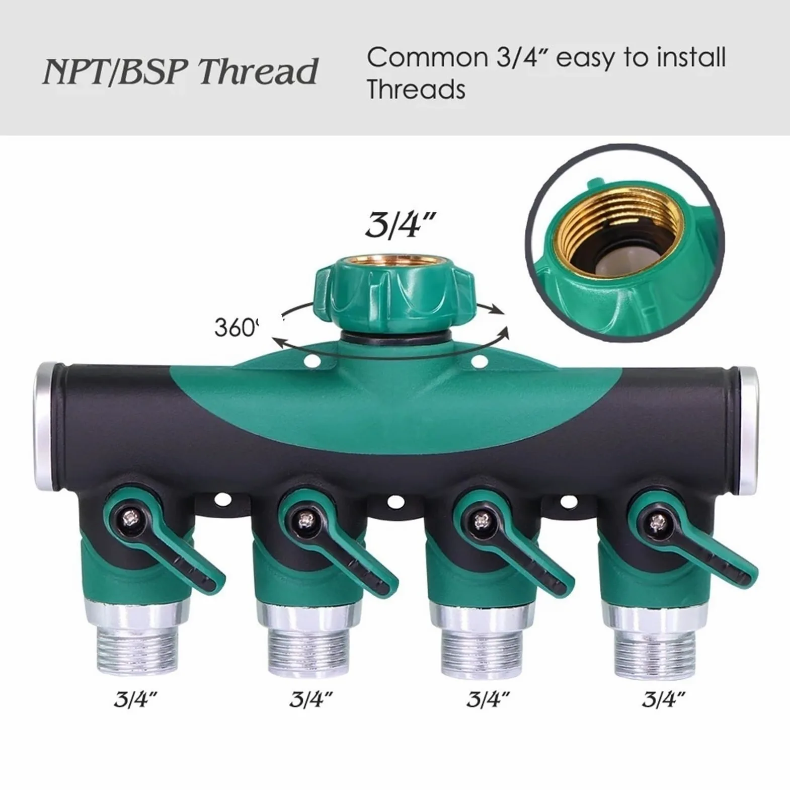 Divisores de Grifo Rosca 4 vías y 3/4 Pulgadas Metal Resistente con válvulas Cierre for Adaptador Manguera jardín Conectores Agua para JardíN(Green-BSP)
