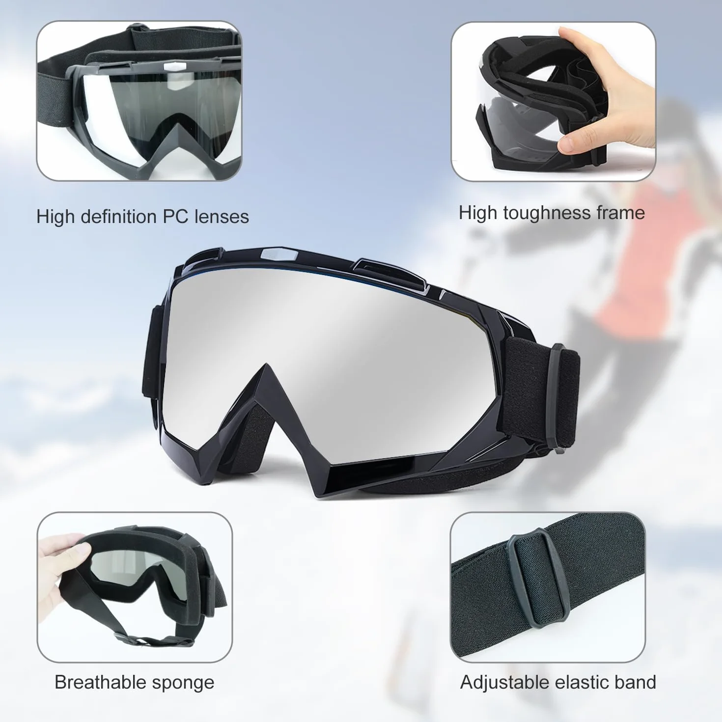 Gafas Windproof de Moto, Gafas Snowboard, Gafas telescópicas ajustables antipolvo y antivaho