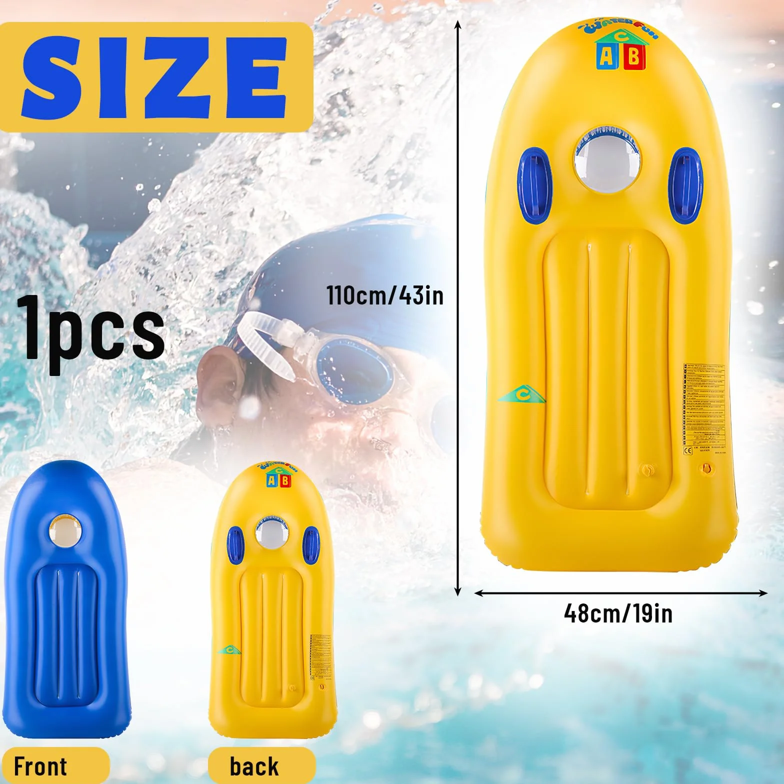 Bodyboard Hinchable con Asas y Ojo de Buey 110x48cm para Playa Piscina