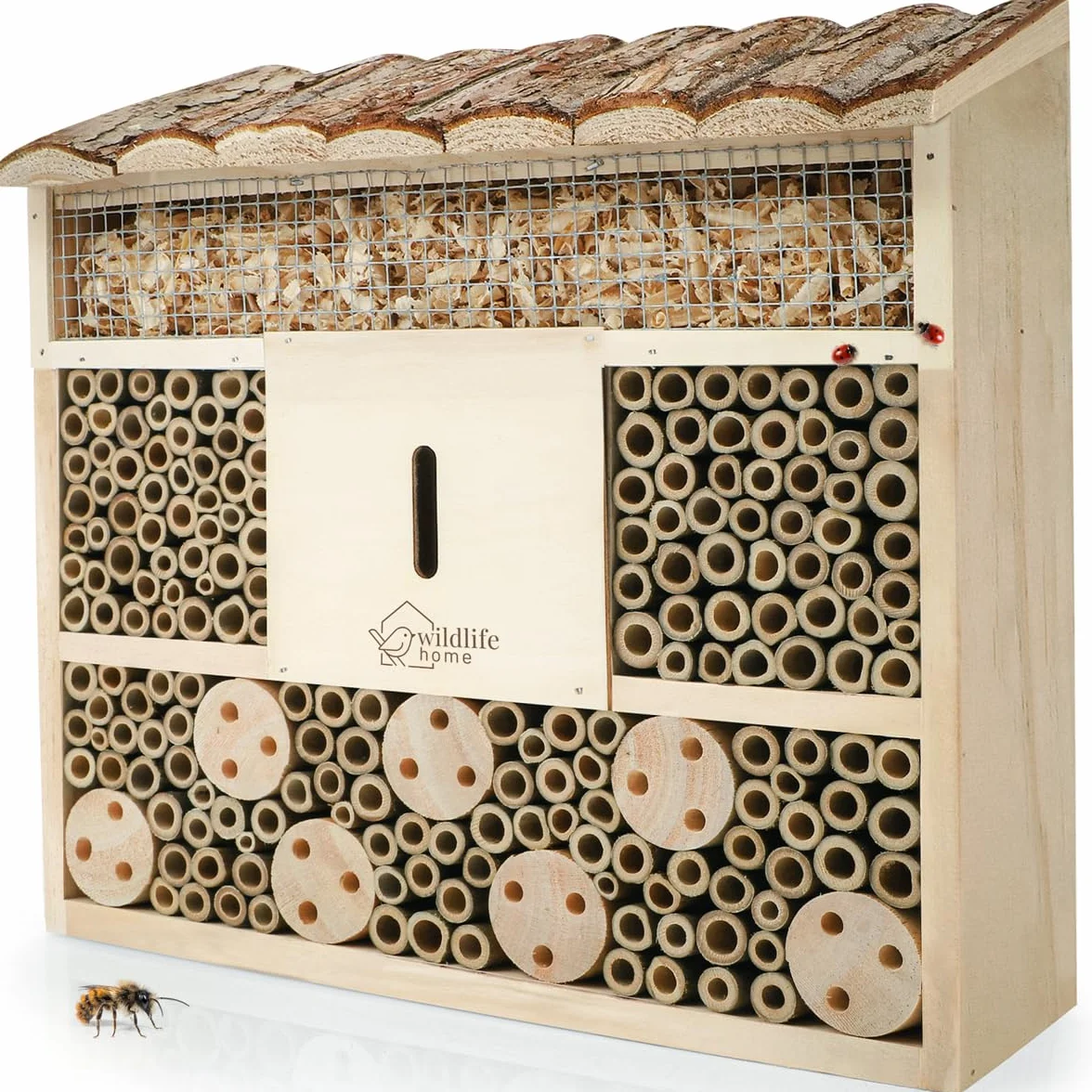 WILDLIFE HOME Hotel para insectos con techo de corteza I Sin tratar, casa de abejas de madera maciza para abejas, mariquitas y crisopas, casa de insectos I Nido para colgar hotel para insectos