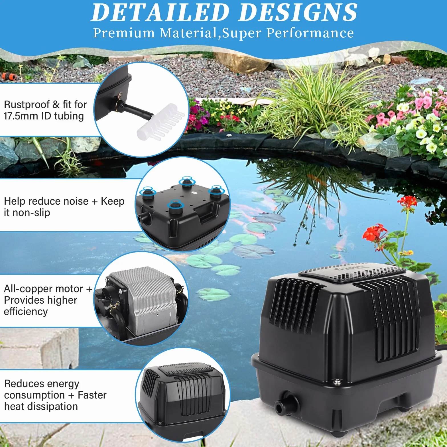 hygger Bomba de Aire para Estanque,25W Potentes Silenciosas Aireador para Estanque de Peces con Conector de Conversión,Air Pump for Large Pond,Fishing Yacht,Fish Farm and Hydroponic