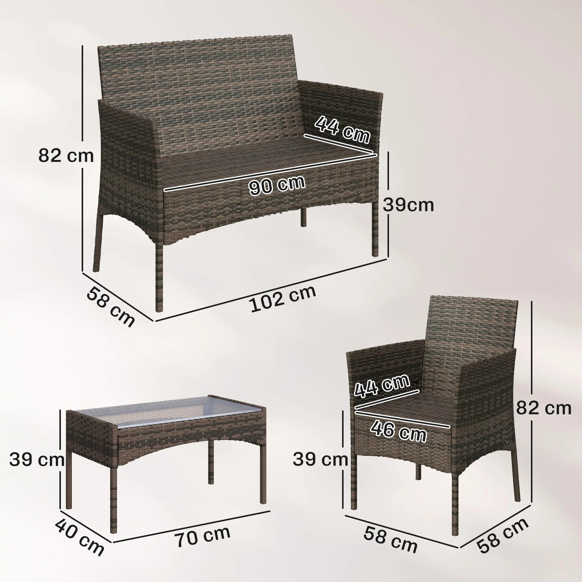 Outsunny Conjunto Jardín Exterior de Ratán con Cojines Conjunto Terraza Resistente a la Intemperie Muebles Jardín Exterior con 2 Sillones Sofá de 2 Plazas Mesa con Cristal Marrón