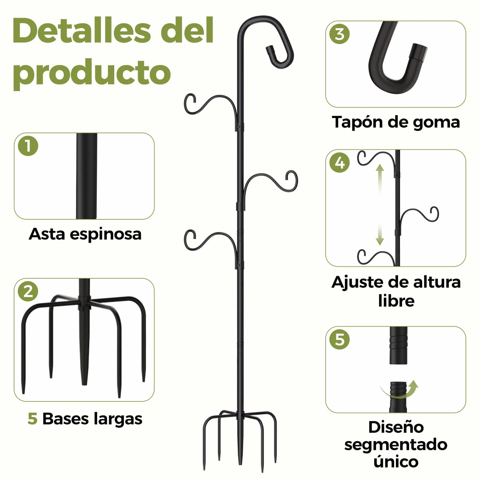 Bamworld Gancho de Pastor para Exterior 160cm Gancho de Pie Metálico con 3 Ganchos Ajustables y Base Estable de 4 Patas Para Macetas Colgantes, Plantas, Faroles, Patio, Jardín y Decoración