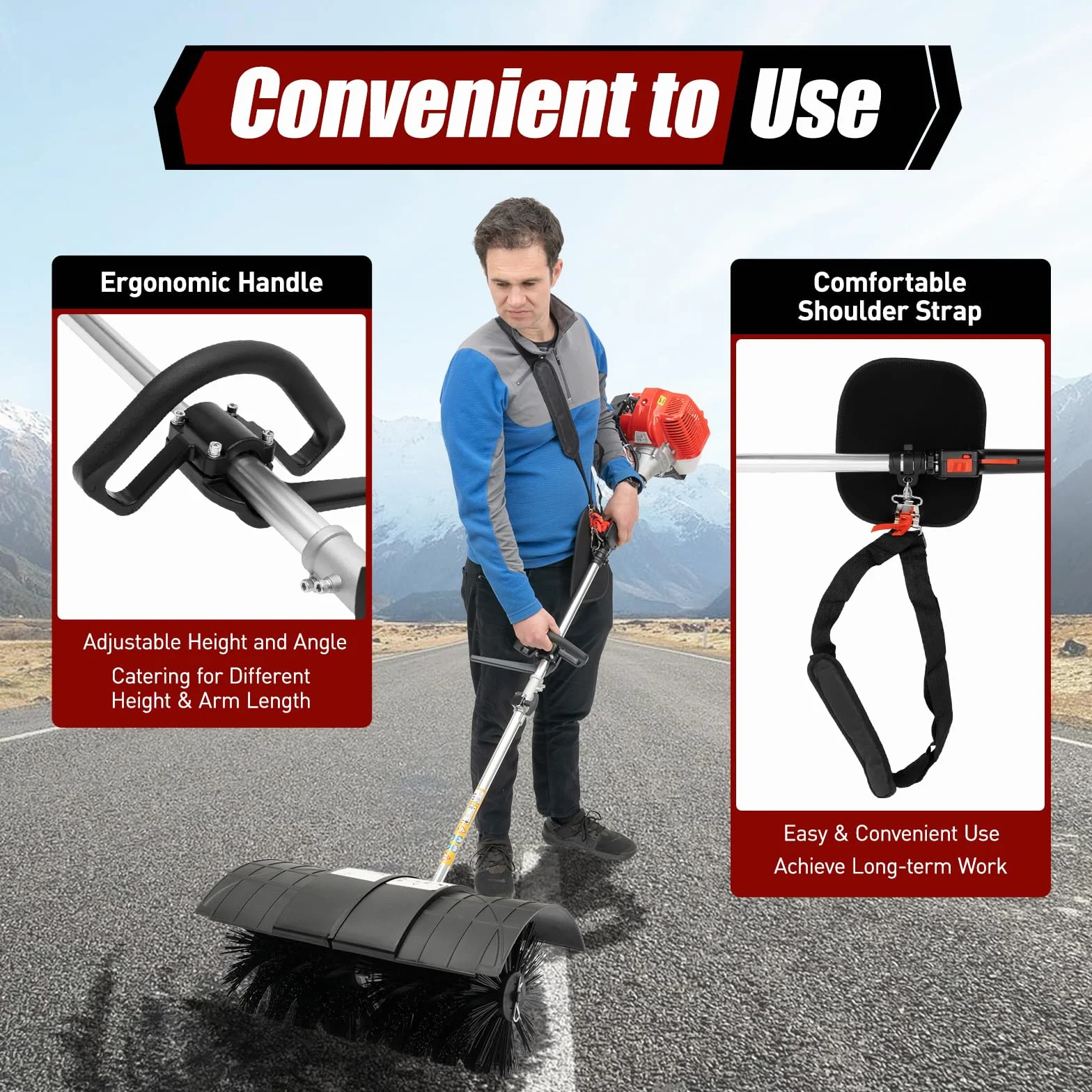 DIFU Escoba de motor de gasolina de 52 cc con gafas protectoras, kit de barredora de gasolina, 2,3 CV, recogedora de nieve, refrigerada por aire, escoba de gasolina de 2 tiempos para exteriores