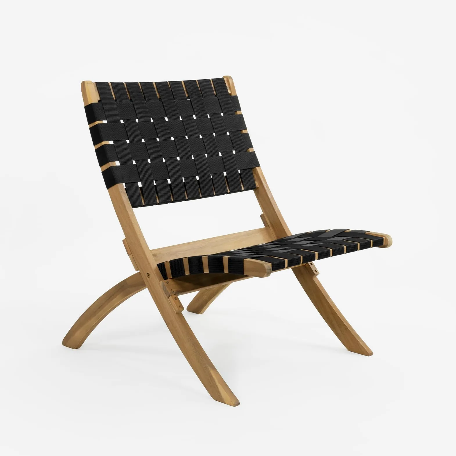 Vaukura Sillón de Madera de Acacia Trenzado Cinta Negra Plegable Hebe Color Negro