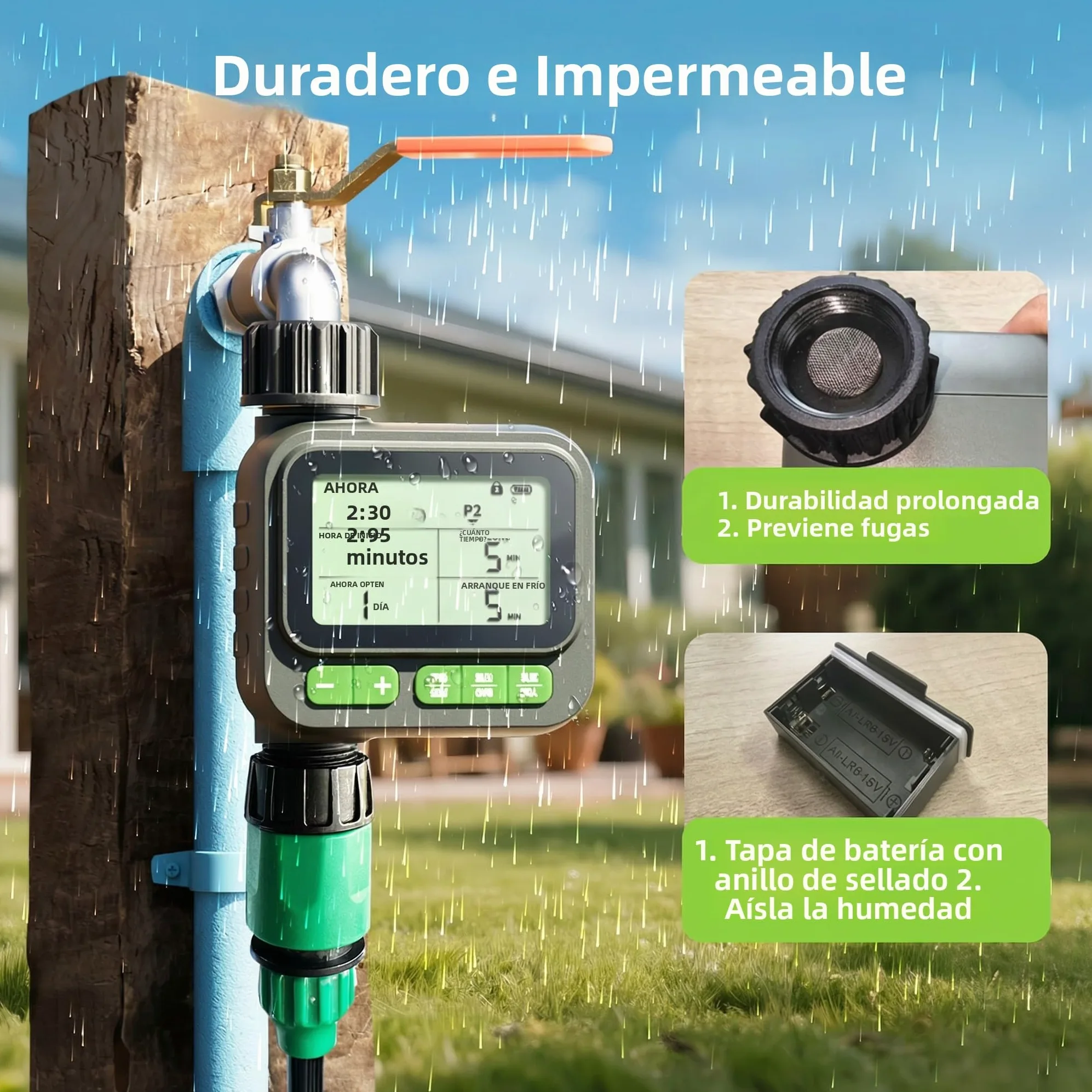 Temporizador de riego automático con Gran Pantalla LCD – Modo Manual/automático, función de retardo por Lluvia