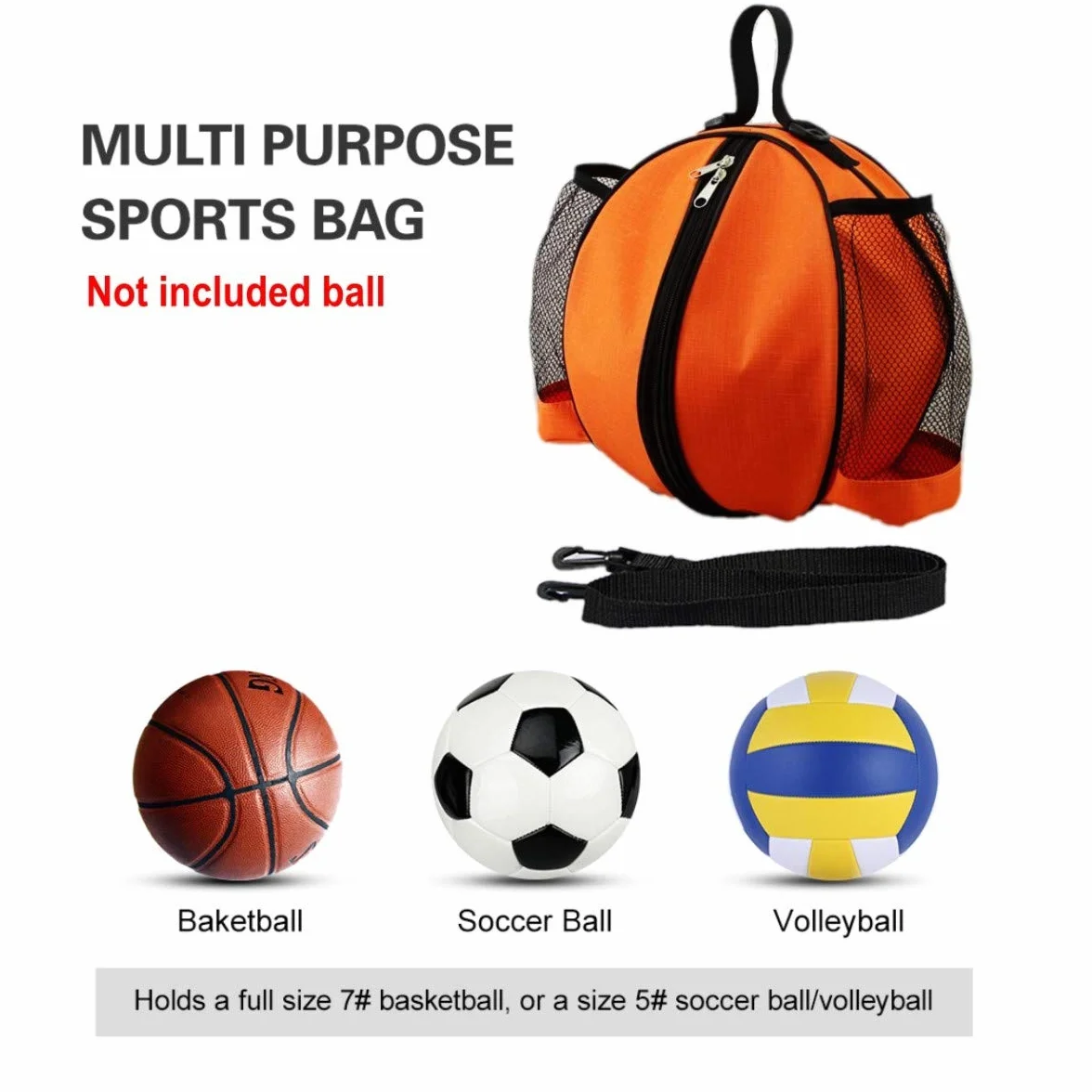 Bolsa Bandolera para Baloncesto Voleibol Fútbol con Bolsillos Laterales de Red Naranja